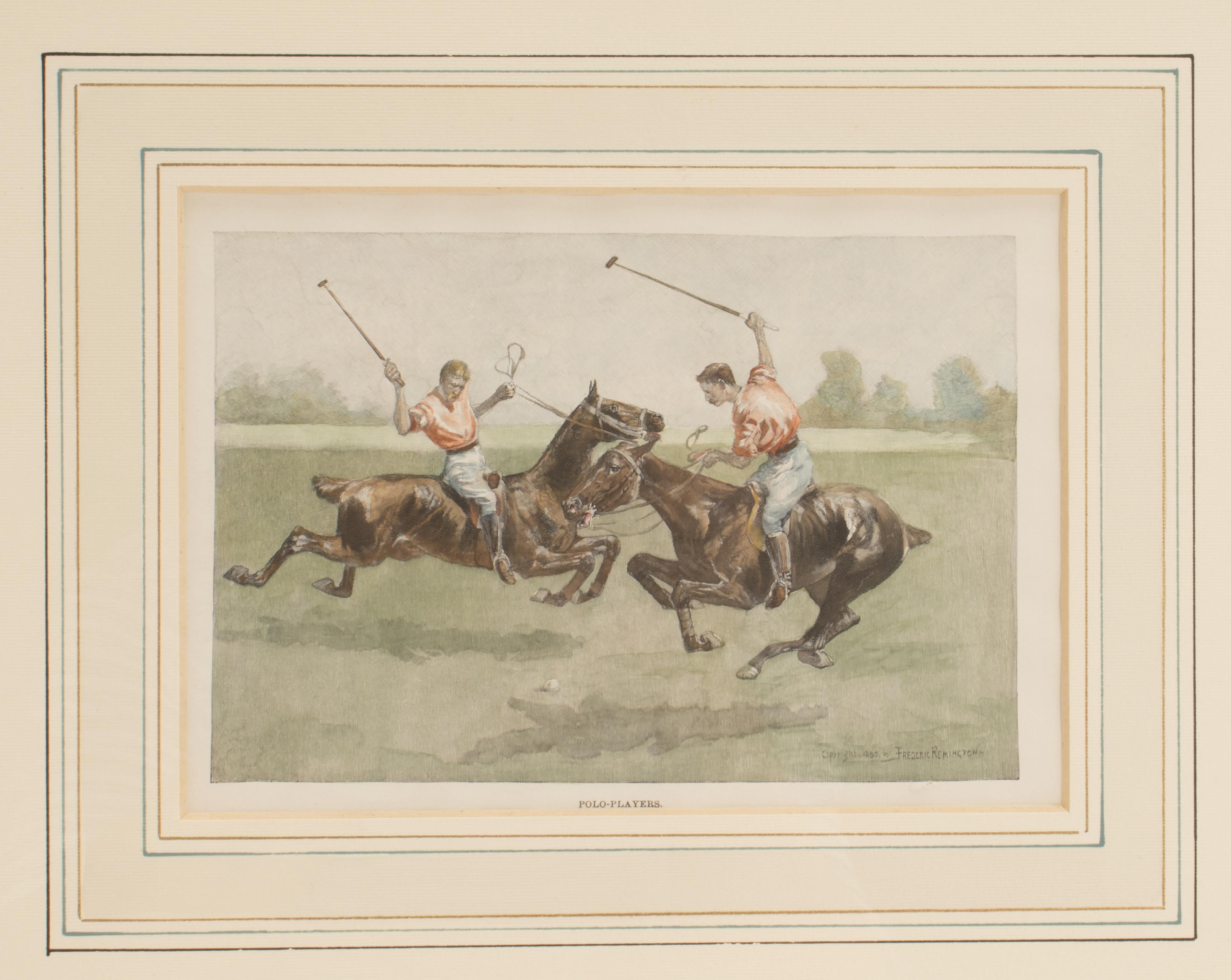 A watercolor finished print, depicting polo players. Frederic Remington. Solid cherry wood frame, polished and beeswaxed. USA circa 1900.