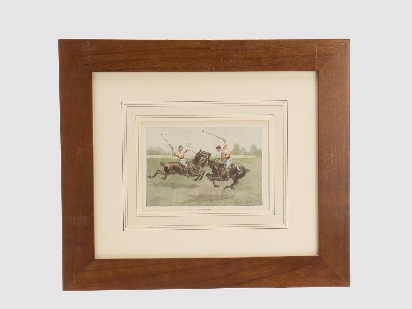 A watercolor finished print, depicting polo players. Frederic Remington. Solid cherry wood frame, polished and beeswaxed. United States circa 1900.