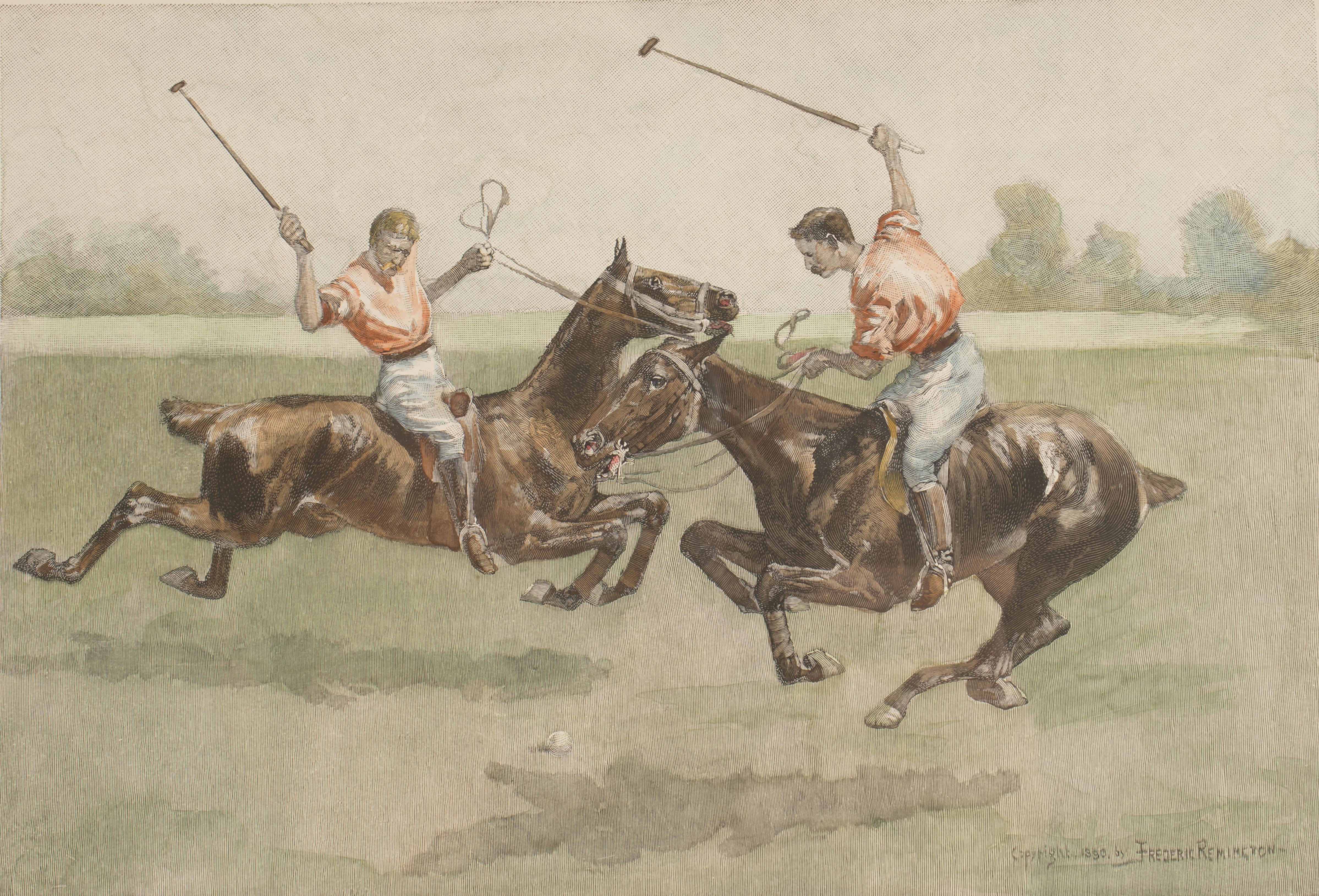 American Watercolor Finished Print Depicting Polo Players, USA, 1900 For Sale