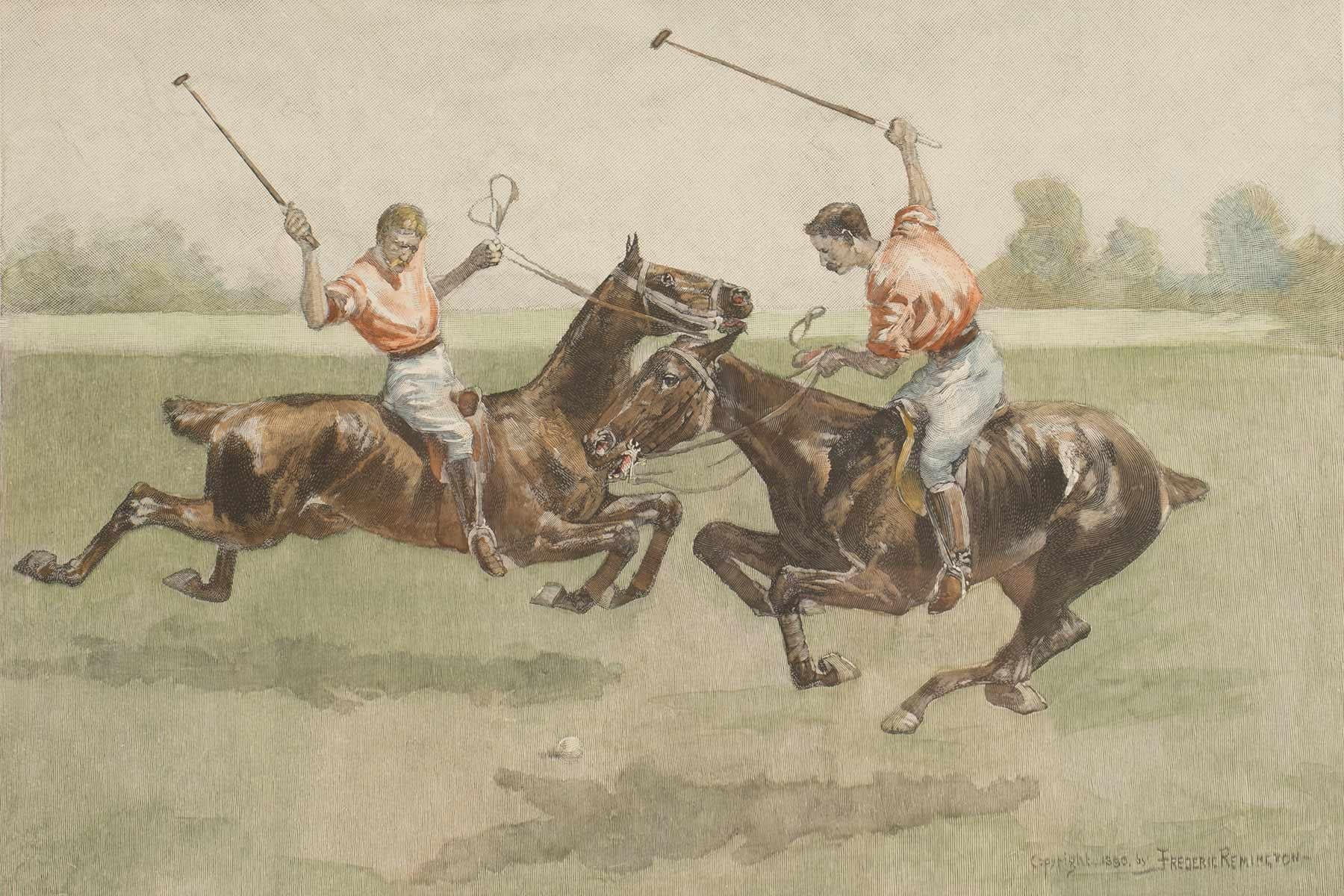 A watercolor finished print depicting polo players, USA 1900. In Good Condition For Sale In Milan, IT