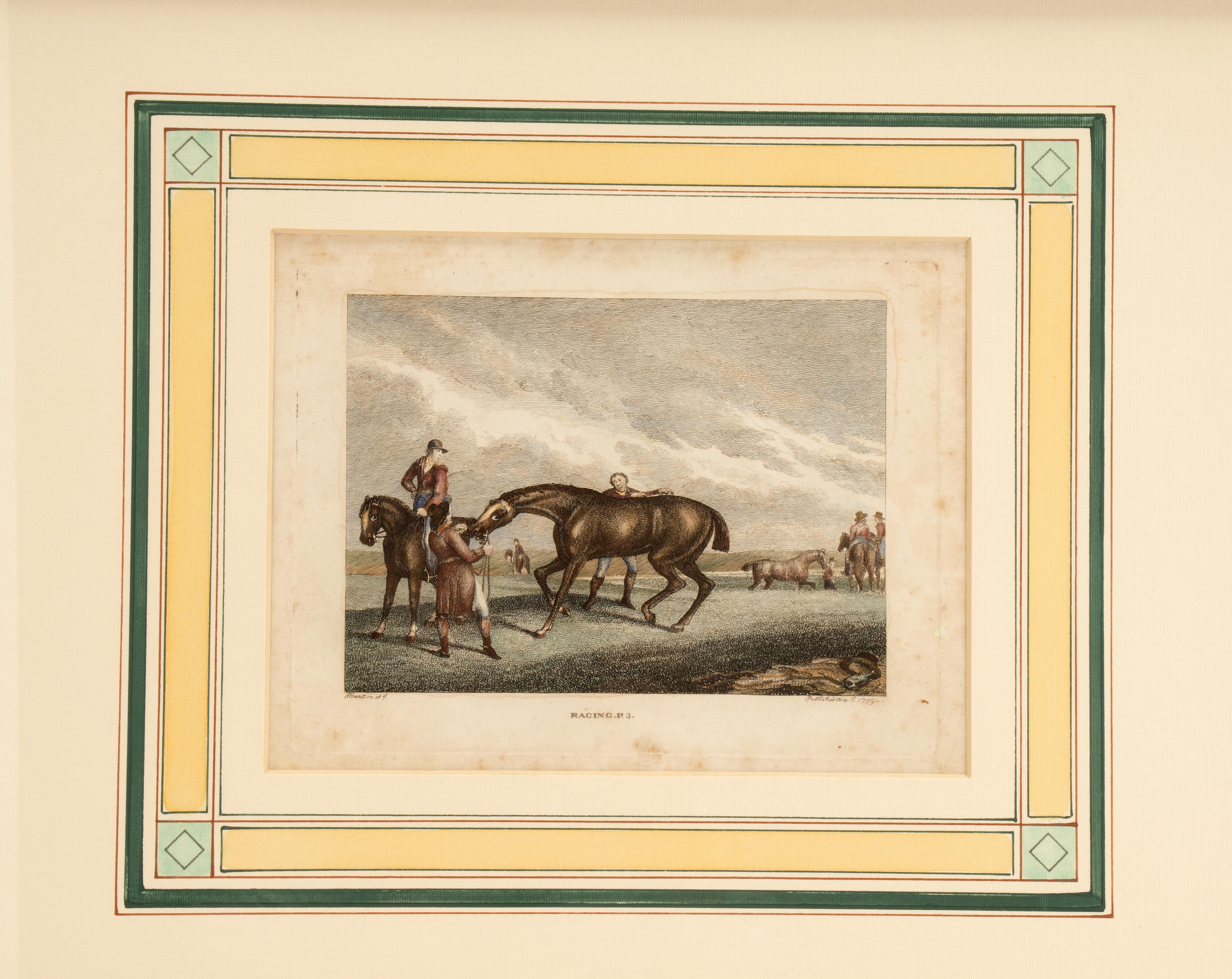 A watercolor finished print, depicting racing horses. Samuel Howitt. Solid cherry wood frame, polished and beeswaxed. England 1799.