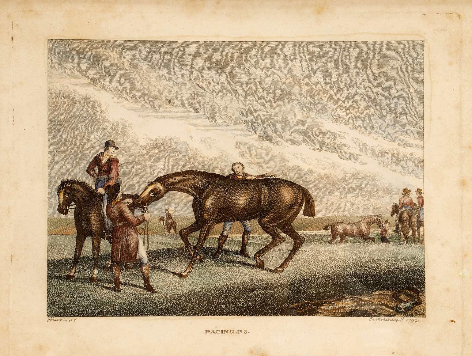 Ein Aquarelldruck mit der Darstellung von Rennpferden. Samuel Howitt. Massiver Kirschholzrahmen, poliert und bienengewachst. England 1799.
