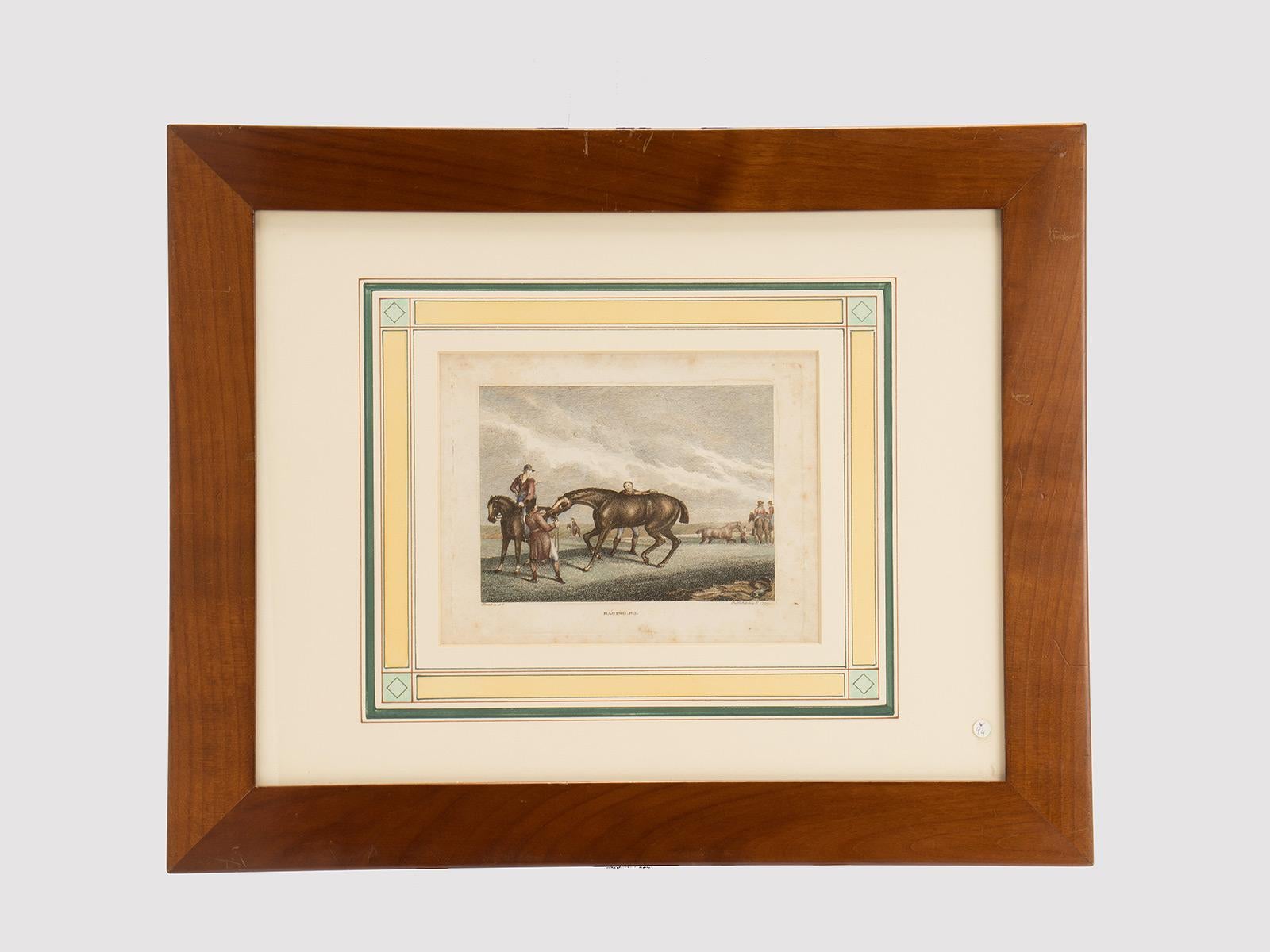 Une impression finie à l'aquarelle, représentant des chevaux de course. Samuel Howitt. Cerisier massif (Prunus Avium, Linnaeus 1755), cadre poli et ciré à la cire d'abeille. Angleterre 1799.