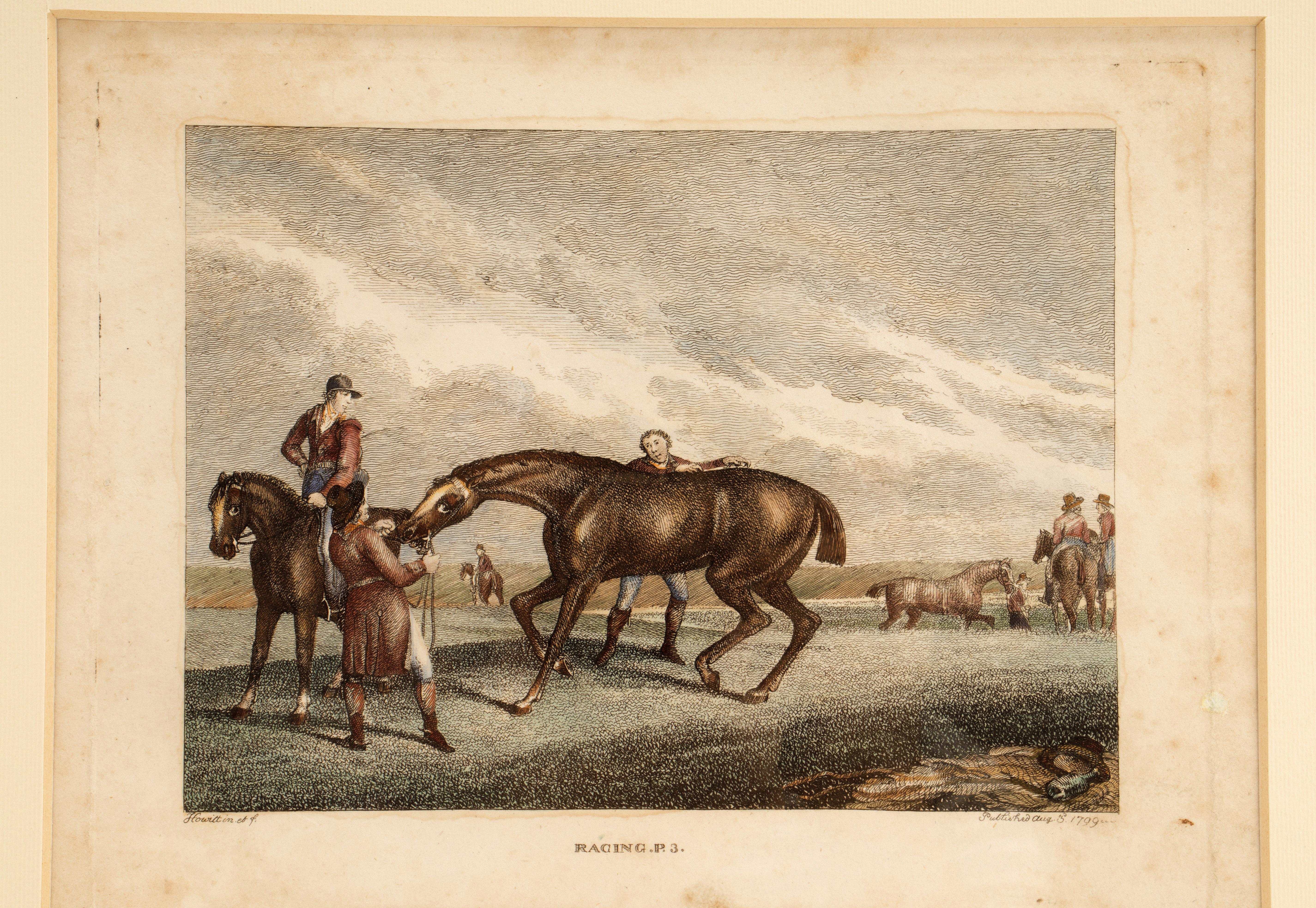 British Watercolor Finished Print Depicting Racing Horses, England 1799 For Sale
