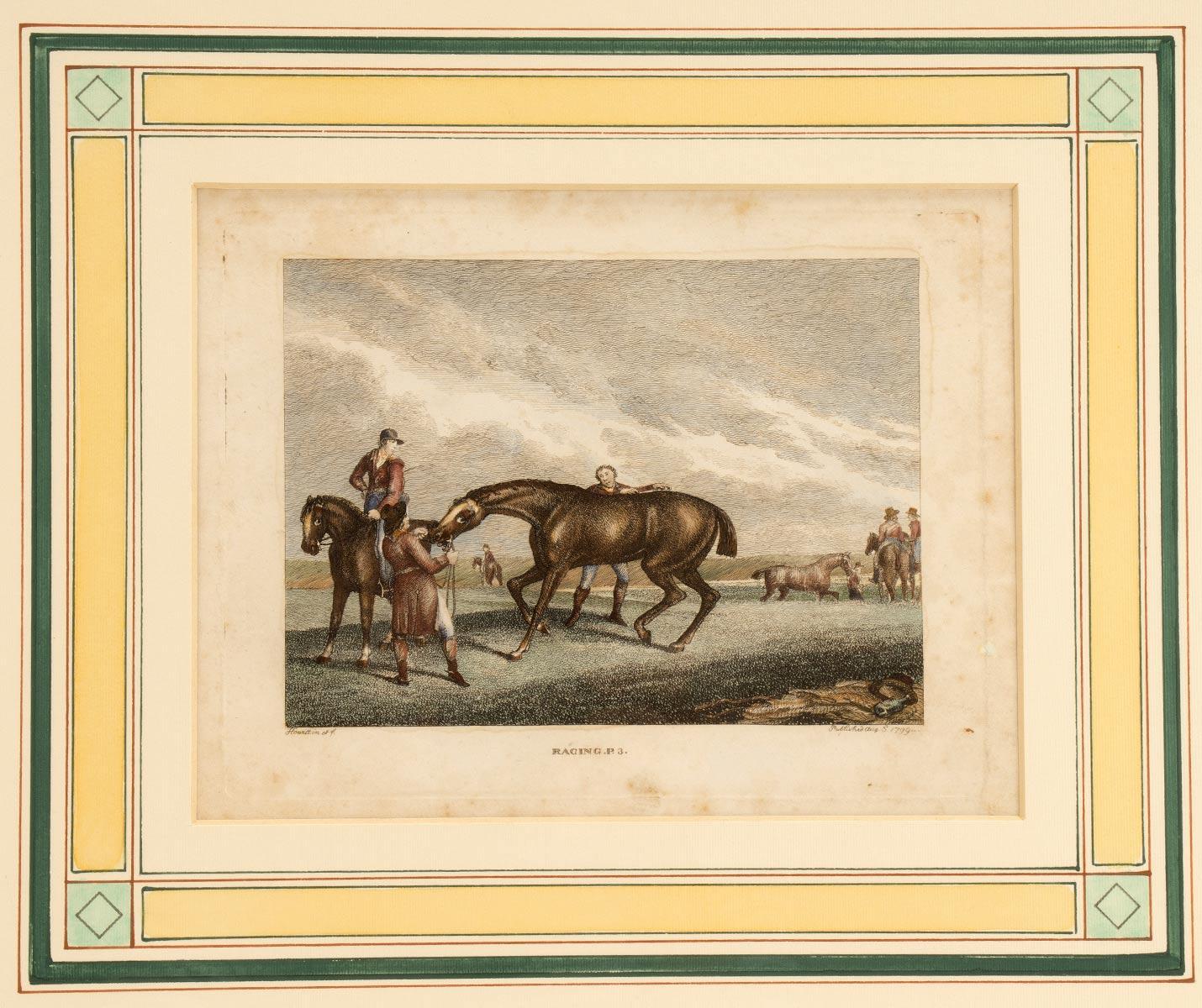 Aquarellierter Druck mit der Darstellung von Rennpferden, England 1799. (Englisch) im Angebot