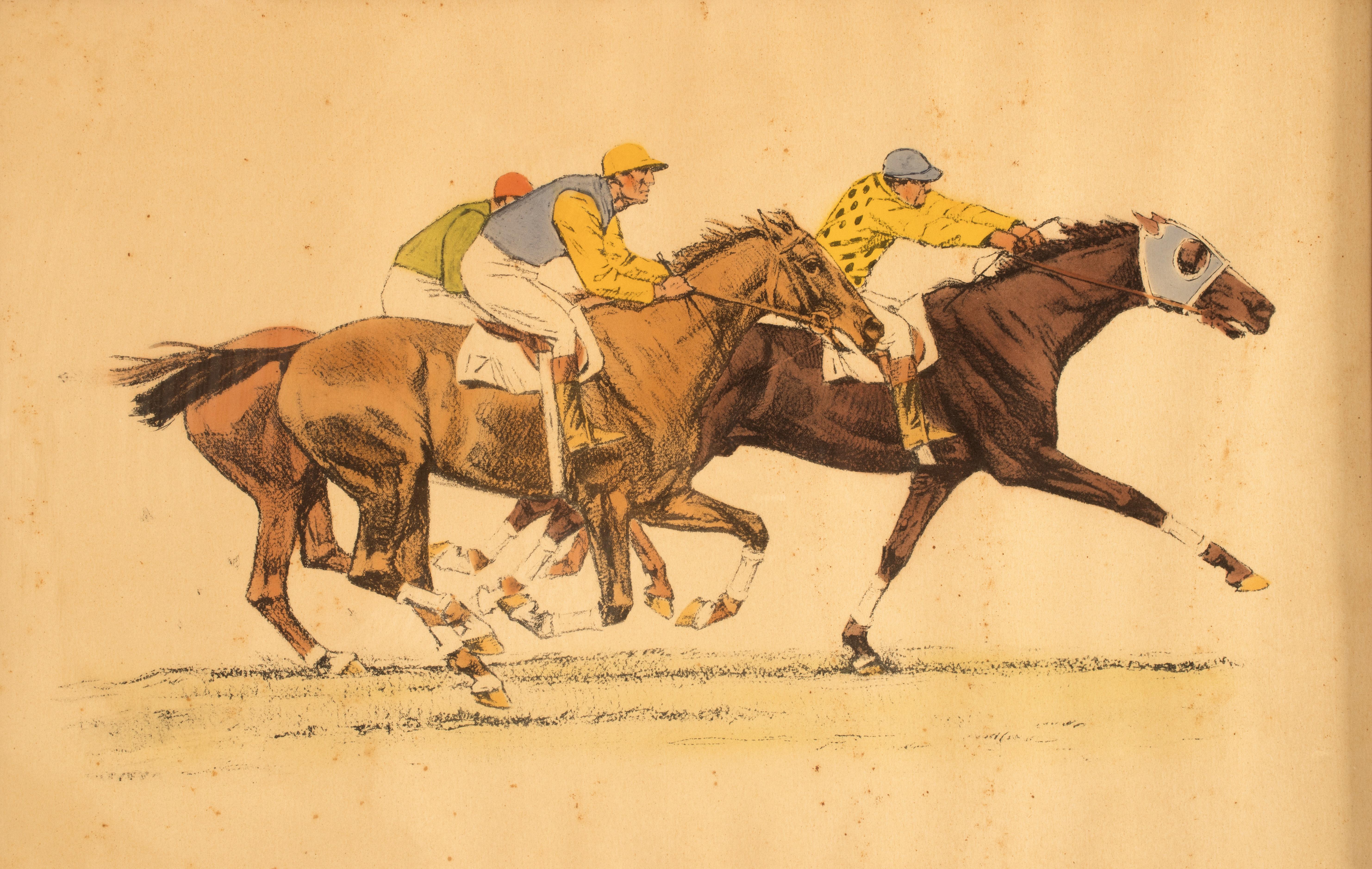 A watercolor finished print, depicting three horses with jockeys running. Solid cherry wood frame, polished and beeswaxed. USA circa 1900.