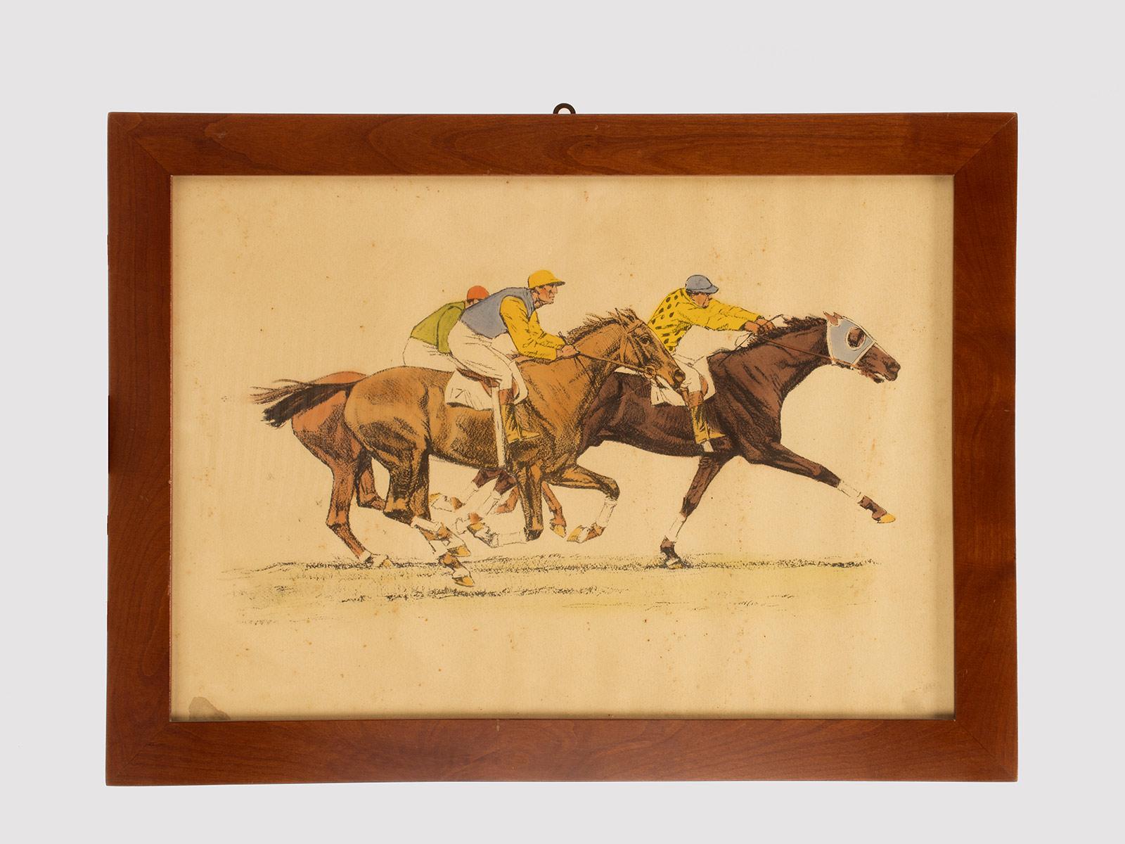 Ein Aquarelldruck, der drei Pferde mit Jockeys zeigt. Massiver Kirschholzrahmen, poliert und bienengewachst. Vereinigte Staaten um 1900.