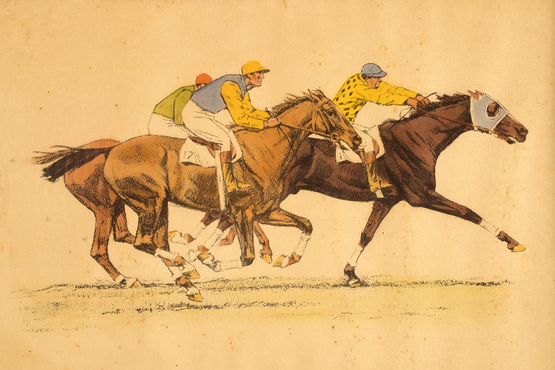 Ein Aquarell mit der Darstellung von laufenden Pferden, USA 1900. (amerikanisch) im Angebot