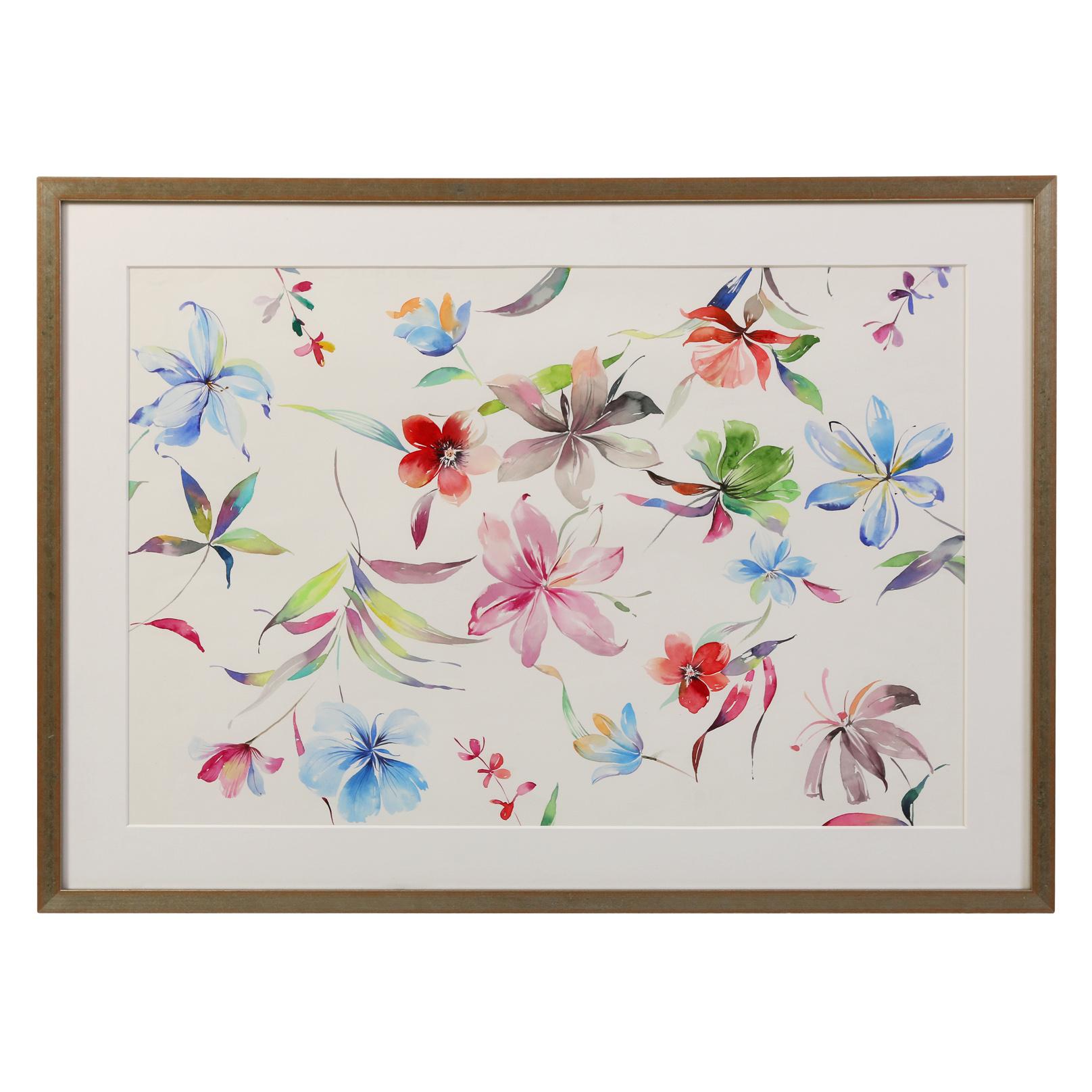 An original water color painting of flowers in stunning colors on a white, open background. Finished in a simple mat and gold and silver frame, the painting has great flow and movement.