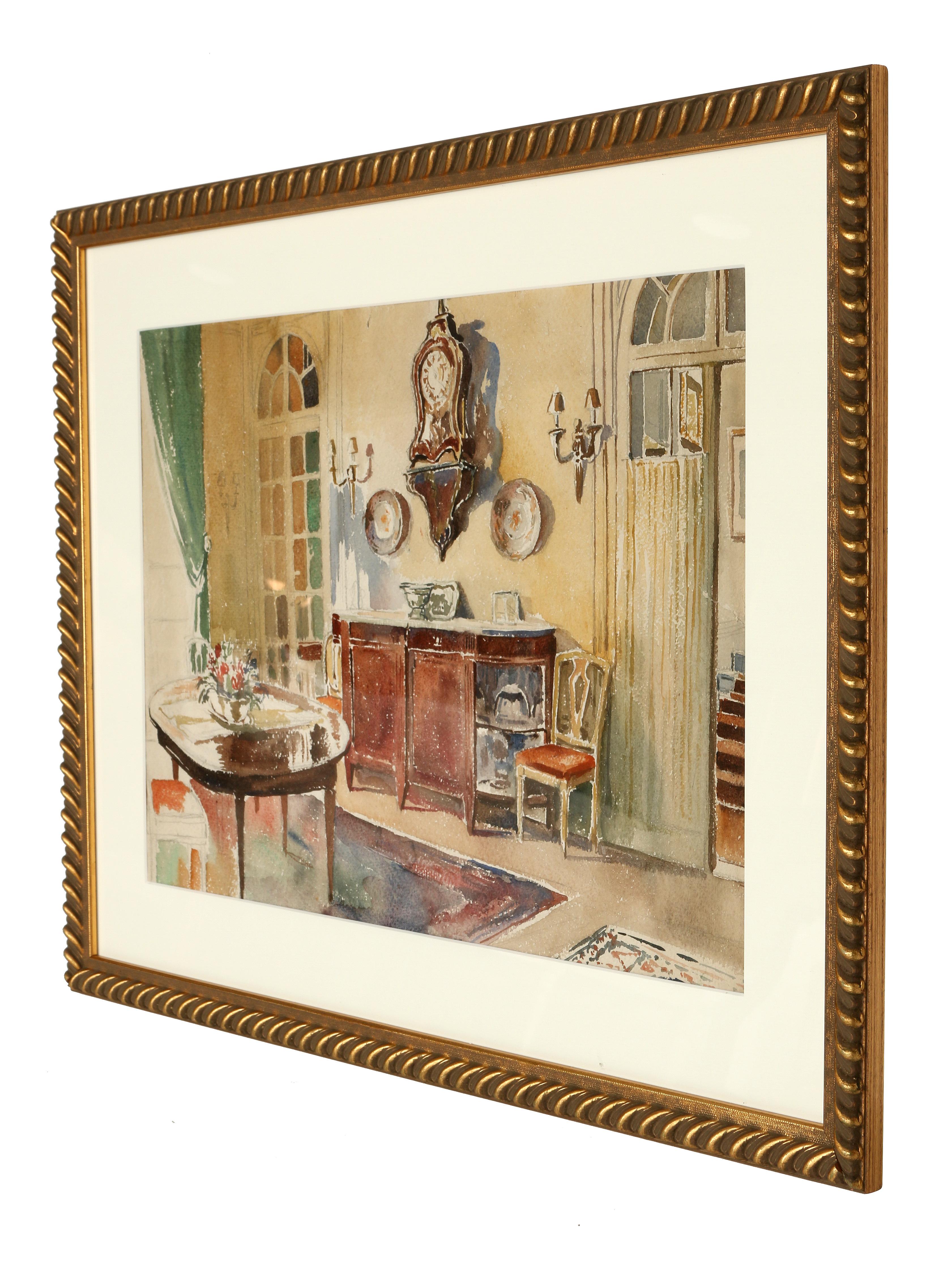 20th Century Watercolor Interior Painting For Sale