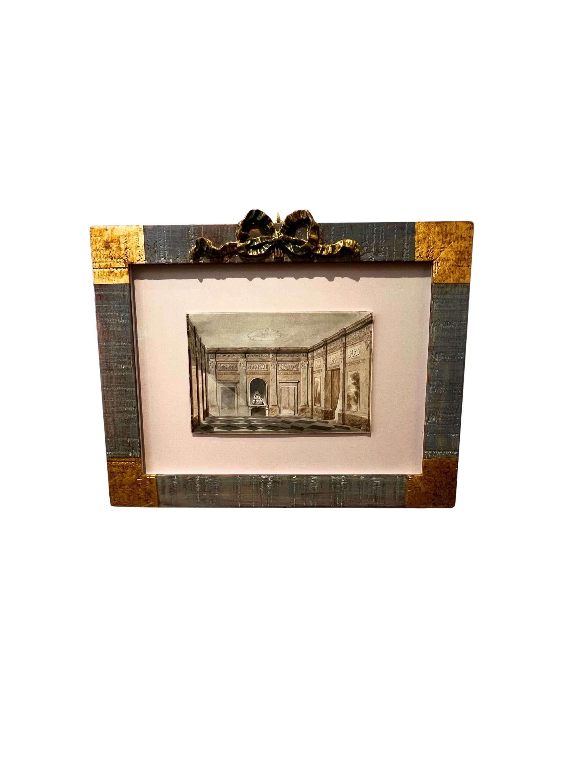 Aquarelle d'intérieur néoclassique française, vers 1800, rendue dans un lavis de grisaille élégant avec une perspective nette en un point. Il présente des boiseries, des pilastres et un sol en marbre à damier, caractéristiques du goût Louis