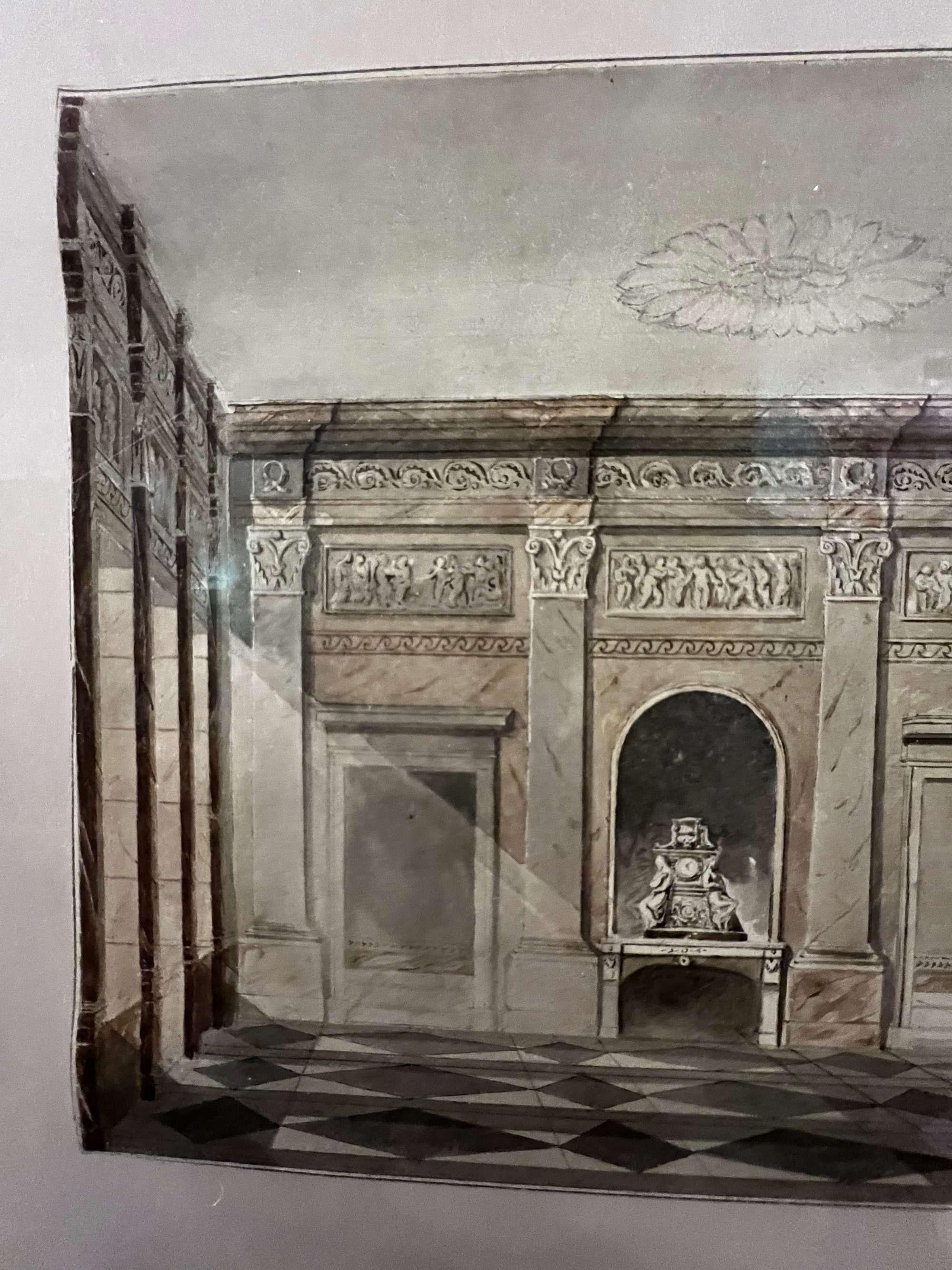 Louis XVI Peinture à l'aquarelle d'un intérieur classique en vente