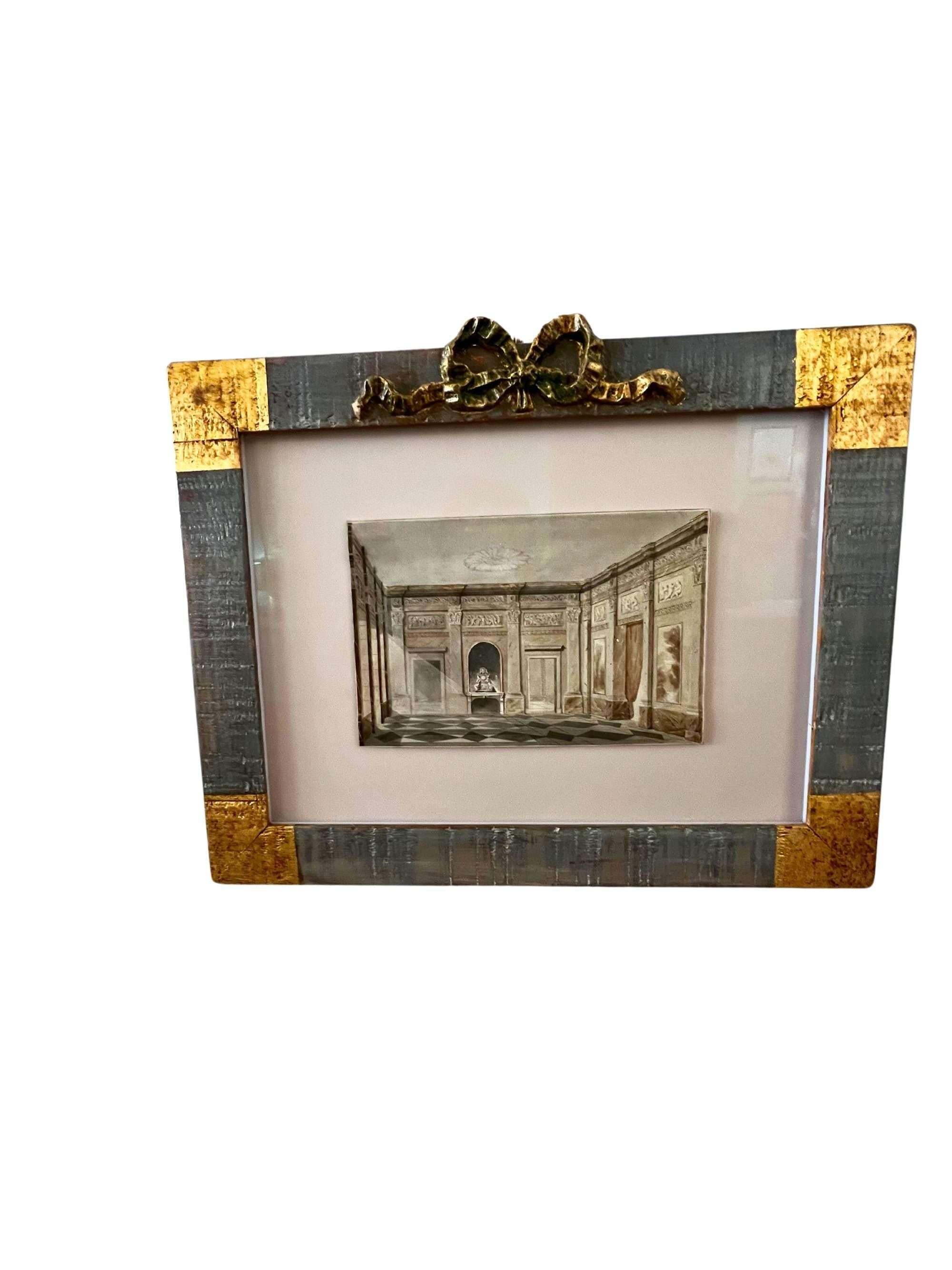 Français Peinture à l'aquarelle d'un intérieur classique en vente
