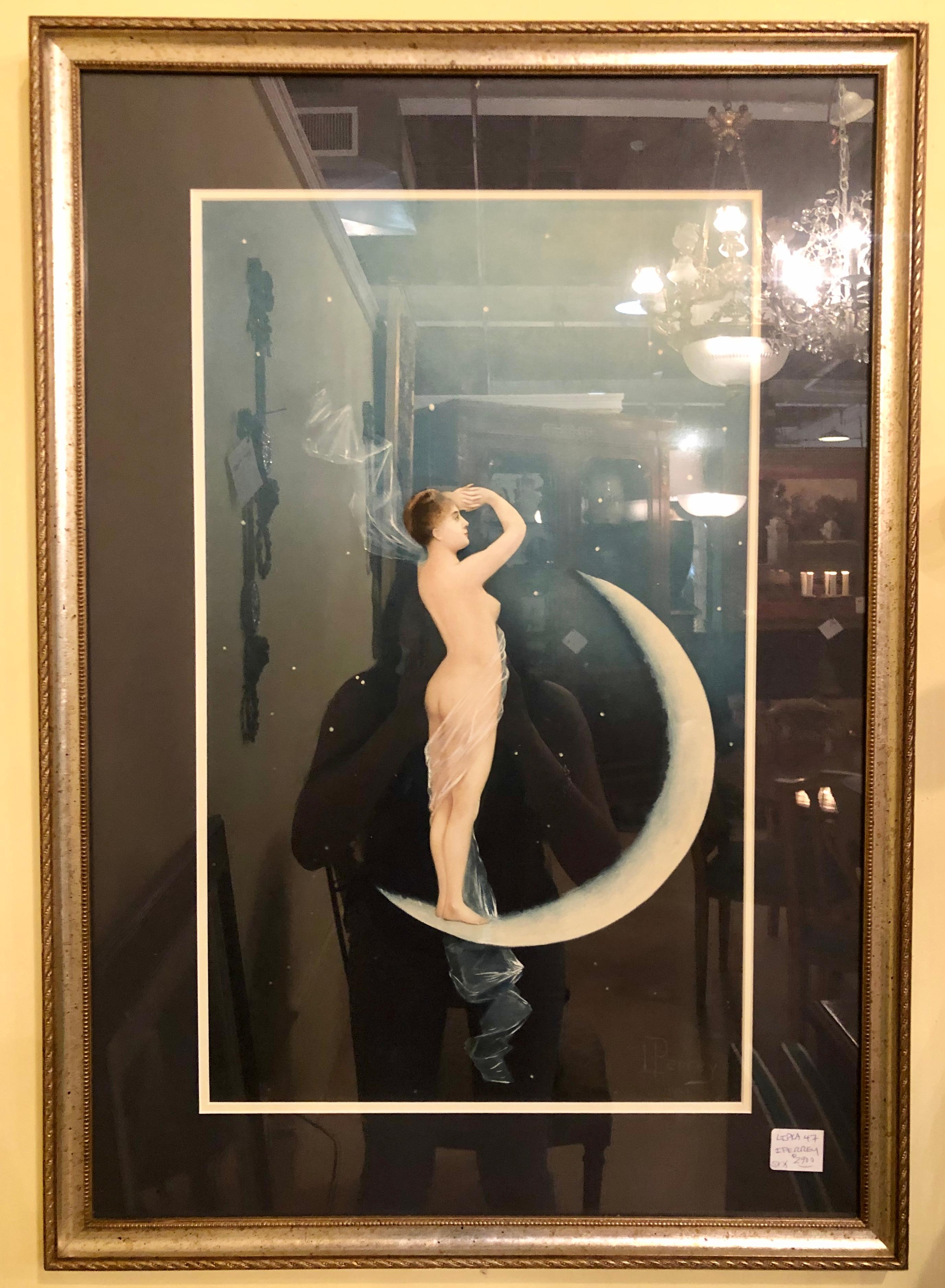 A watercolor under-glass signed and dated Perrey, circa 1888. A naked beauty standing on the moon. This highly sought after American artists work was acquired from a Northern New Jersey mansion. Louis Justin Maurice Perrey. Louis Justin Maurice