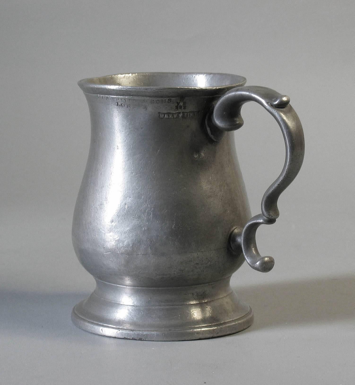 Hand-Crafted Wavy-Edge Continental Pewter Basin-Tankard-Chamberstick 19th & 20th Century