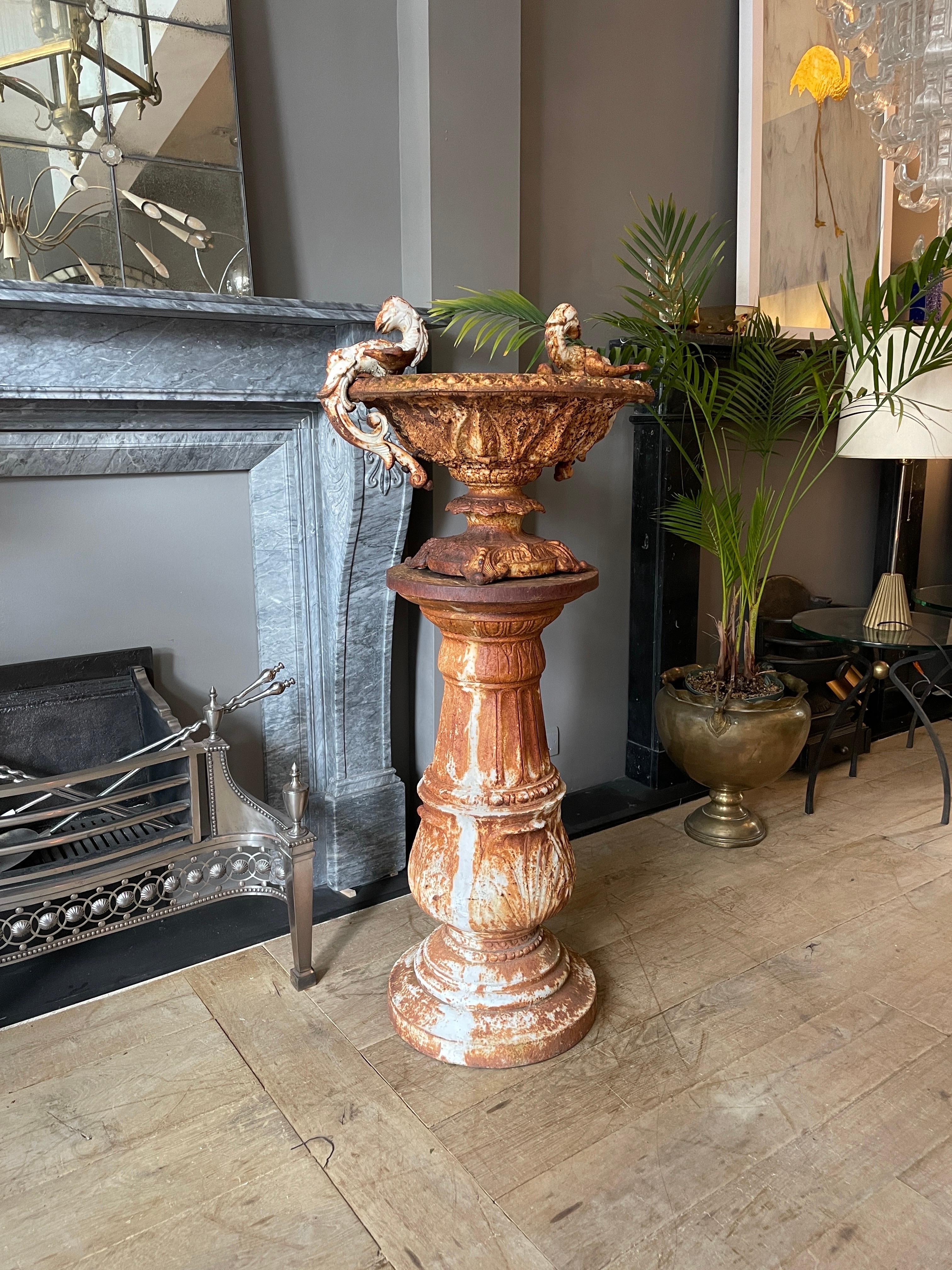 Neoclassical Revival Weathered Cast Iron Urn and Pedestal