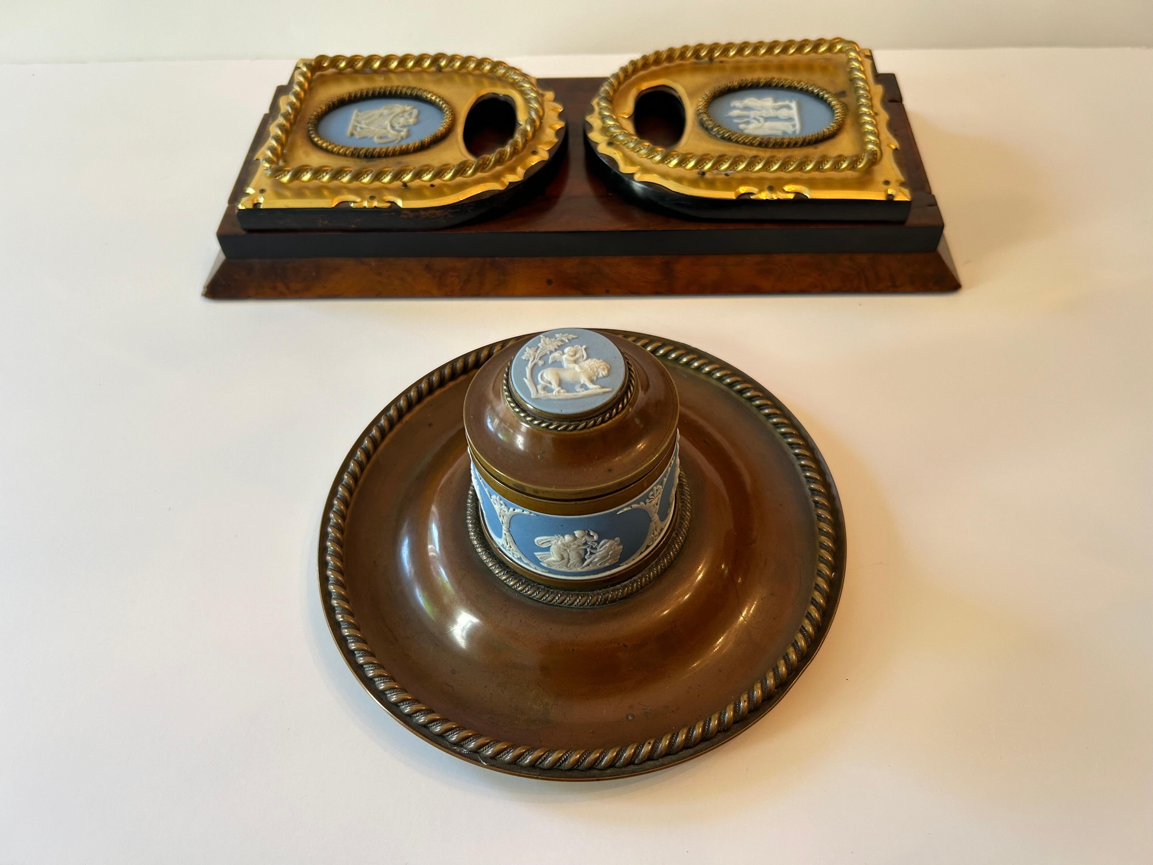 Neoclassical A Wedgwood Jasperware Mounted Brass and Wooden Bookend and Inkwell For Sale