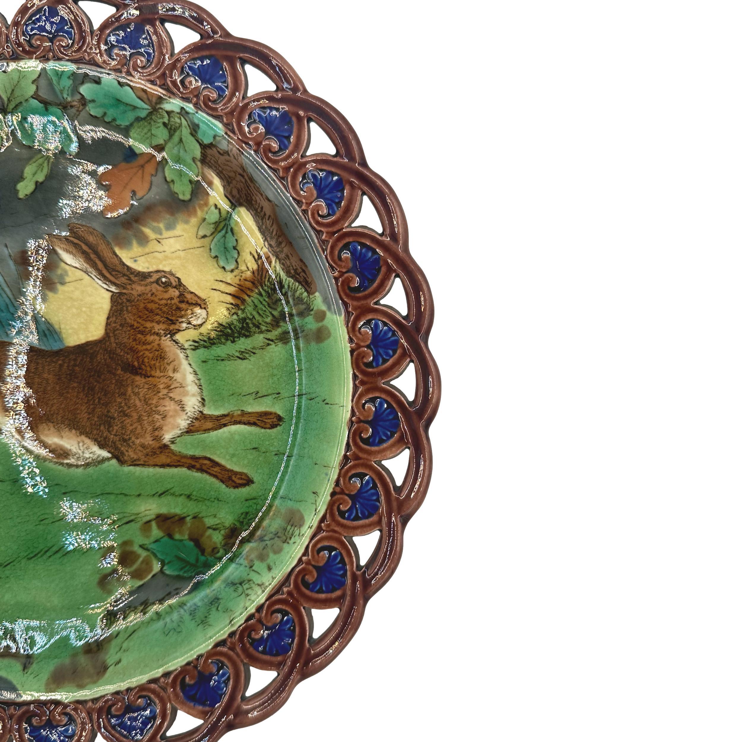 Molded A Wedgwood Majolica Hare Game Cabinet Plate, Reticulated, English, 1877