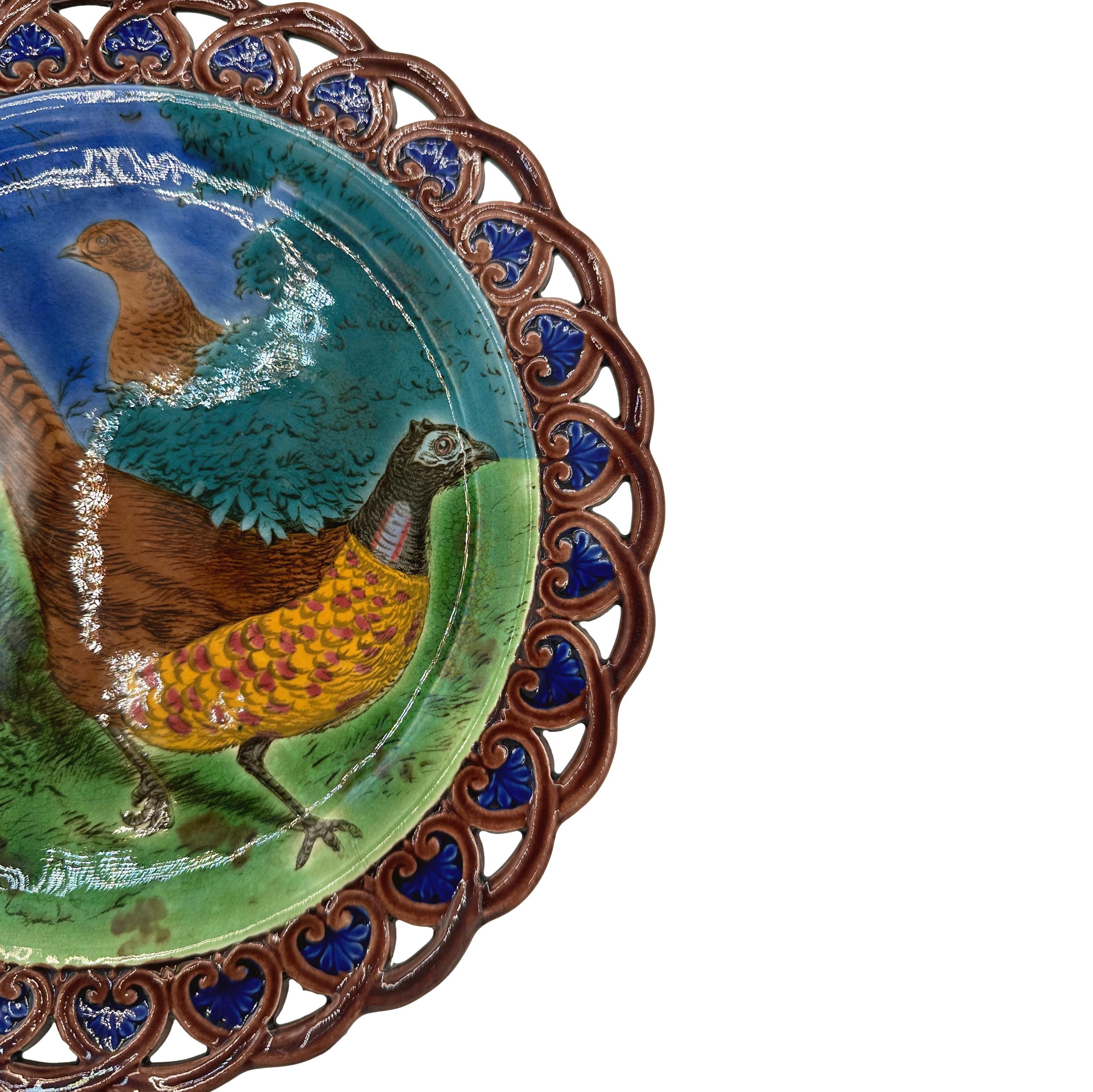 Molded A Wedgwood Majolica Pheasants Game Cabinet Plate, Reticulated, English, 1877