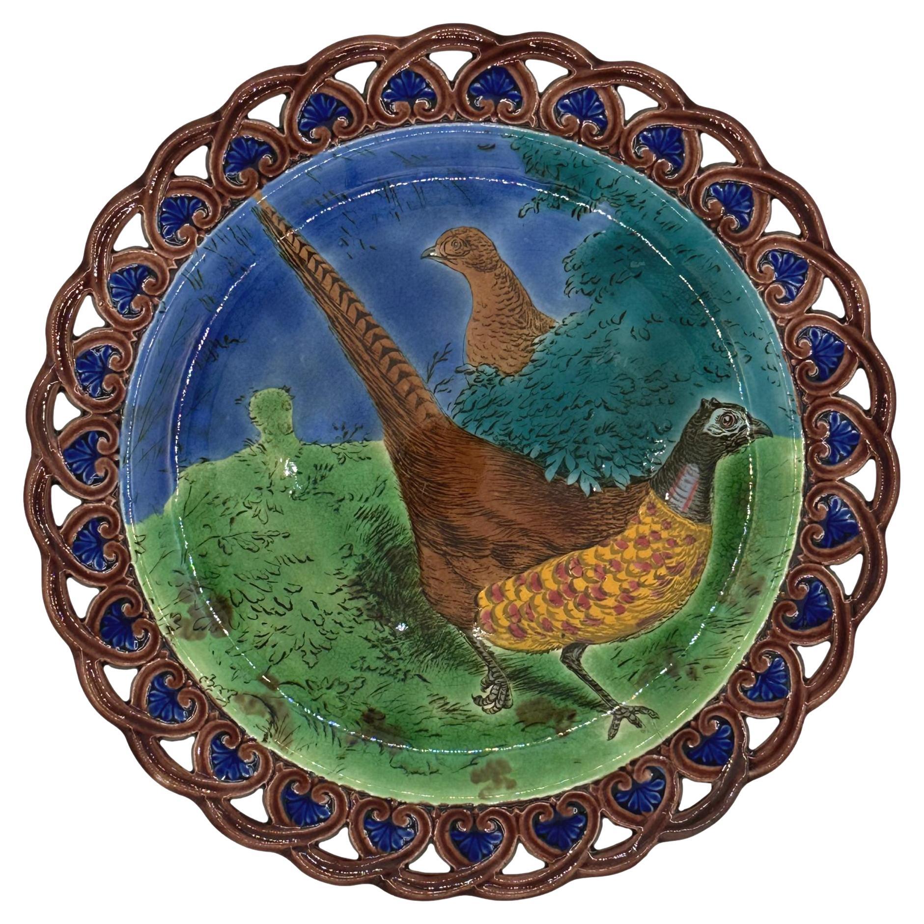 A Wedgwood Majolica Pheasants Game Cabinet Plate, Reticulated, English, 1877 For Sale