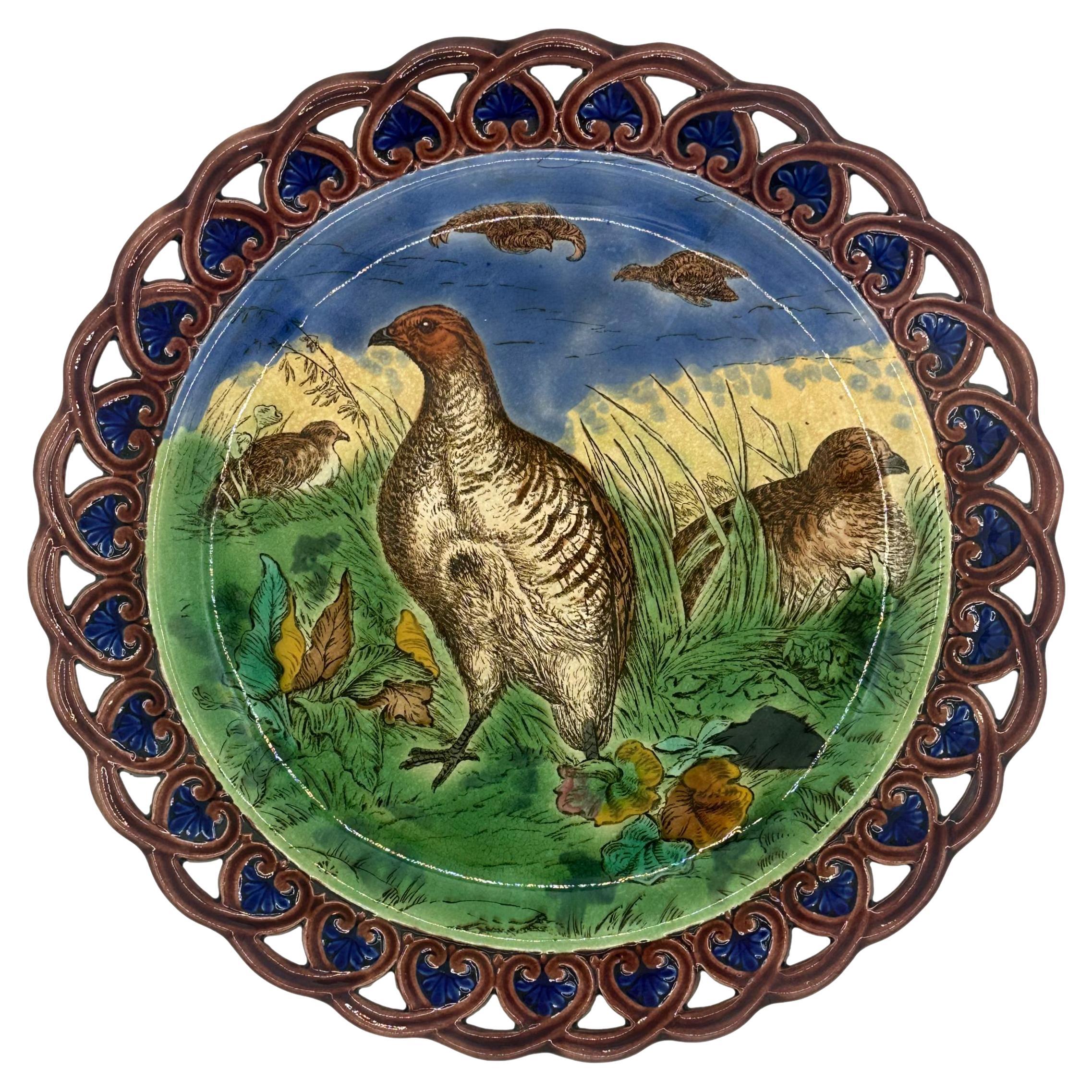 A Wedgwood Majolica Quails Game Cabinet Plate, Reticulated, English, 1877