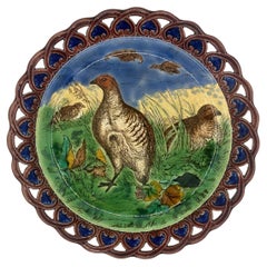 A Wedgwood Majolica Quails Game Cabinet Plate, Reticulated, English, 1877