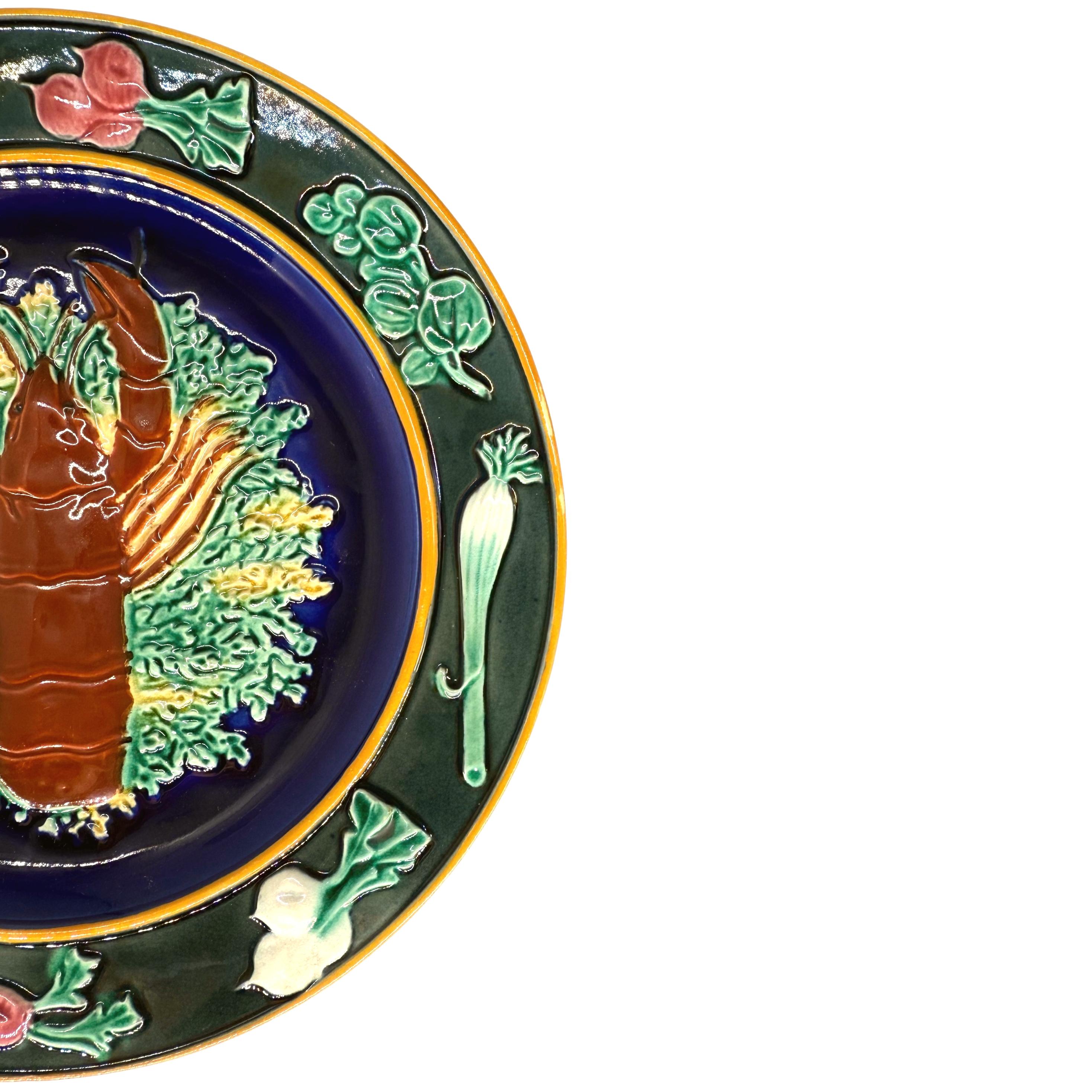 Victorian A Wedgwood Majolica Red Lobster Plate on Cobalt Ground, English, Dated 1882 For Sale
