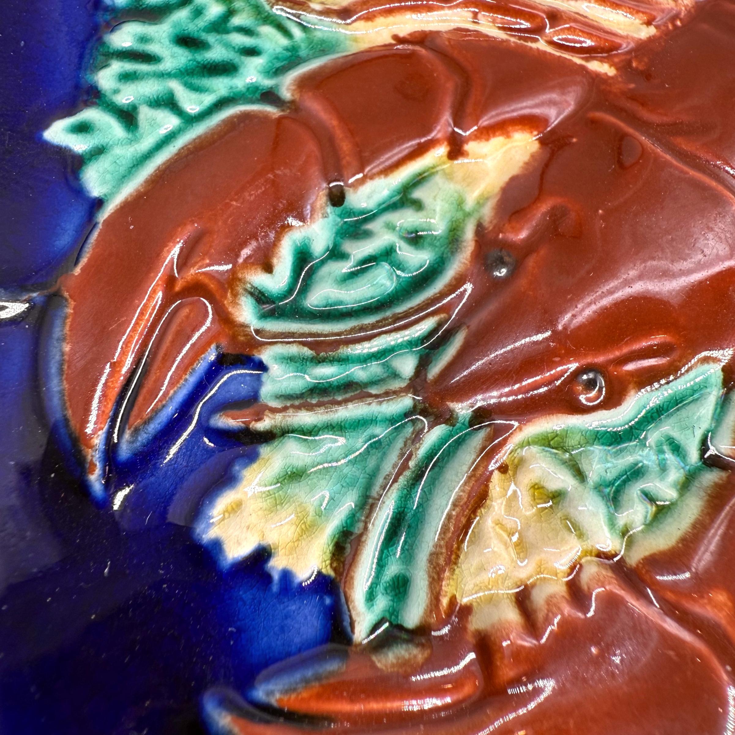 A Wedgwood Majolica Red Lobster Plate on Cobalt Ground, English, Dated 1882 In Good Condition For Sale In Banner Elk, NC