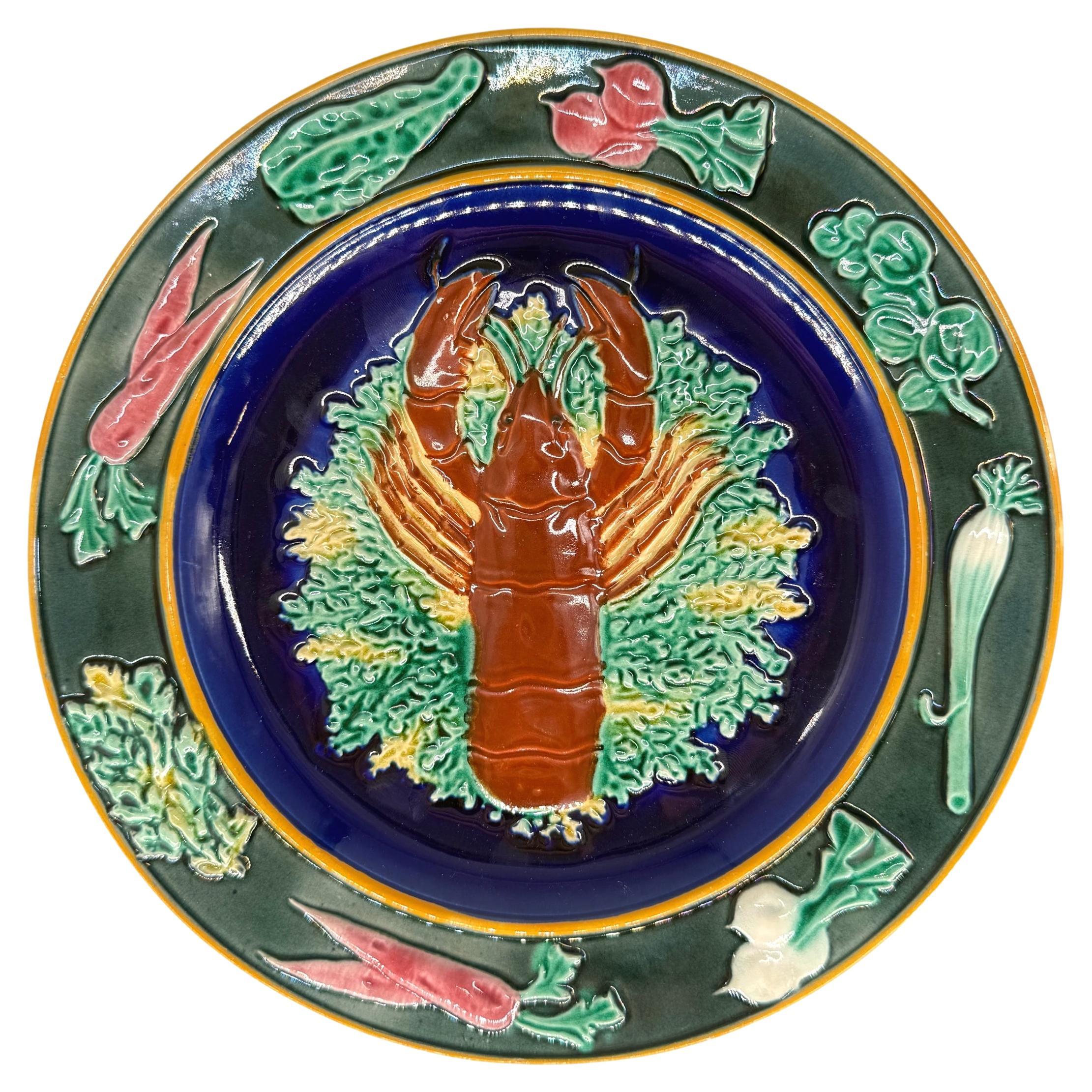 A Wedgwood Majolica Red Lobster Plate on Cobalt Ground, English, Dated 1882 For Sale