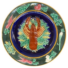 A Wedgwood Majolica Red Lobster Plate on Cobalt Ground, English, Dated 1882