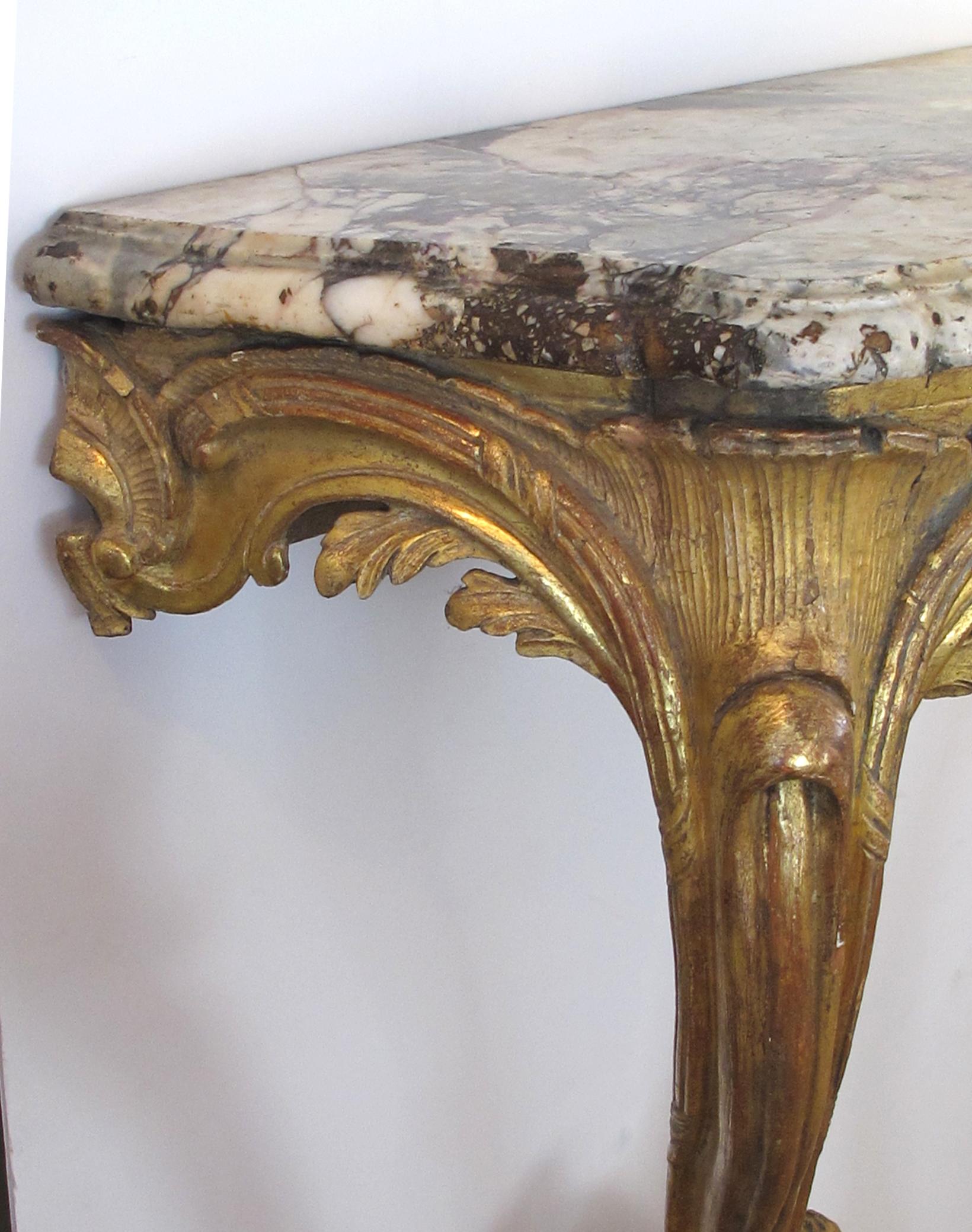 18th Century Well-Carved Italian Rococo Giltwood Wall Console with Calcutta Viola Marble Top