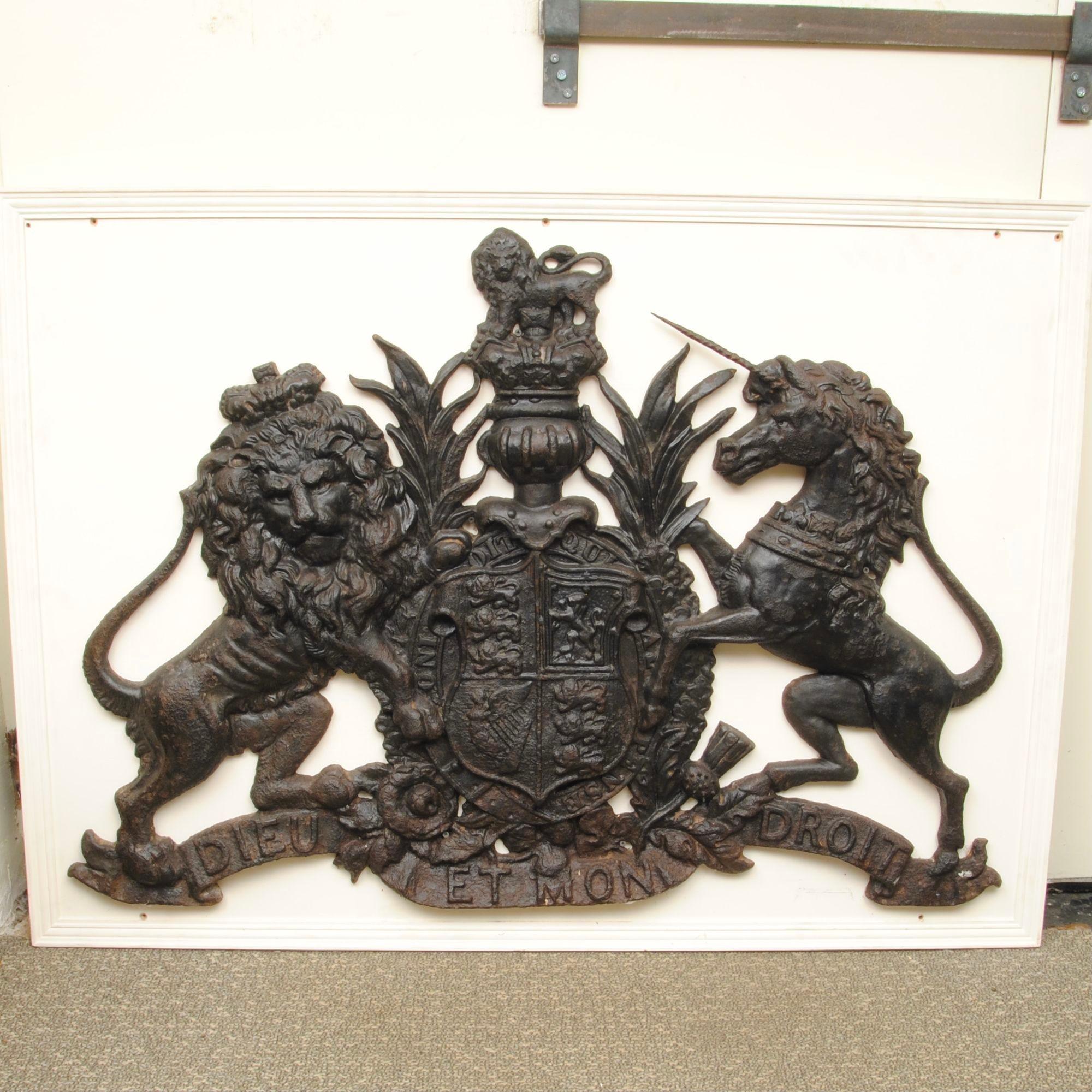 A fine cast iron royal coat of arms for Queen Victoria, this well cast coat of arms would have been in a courtroom or similar.
We have mounted it on a strong wooden board to make hanging of this easy.
Mid-19th Century.