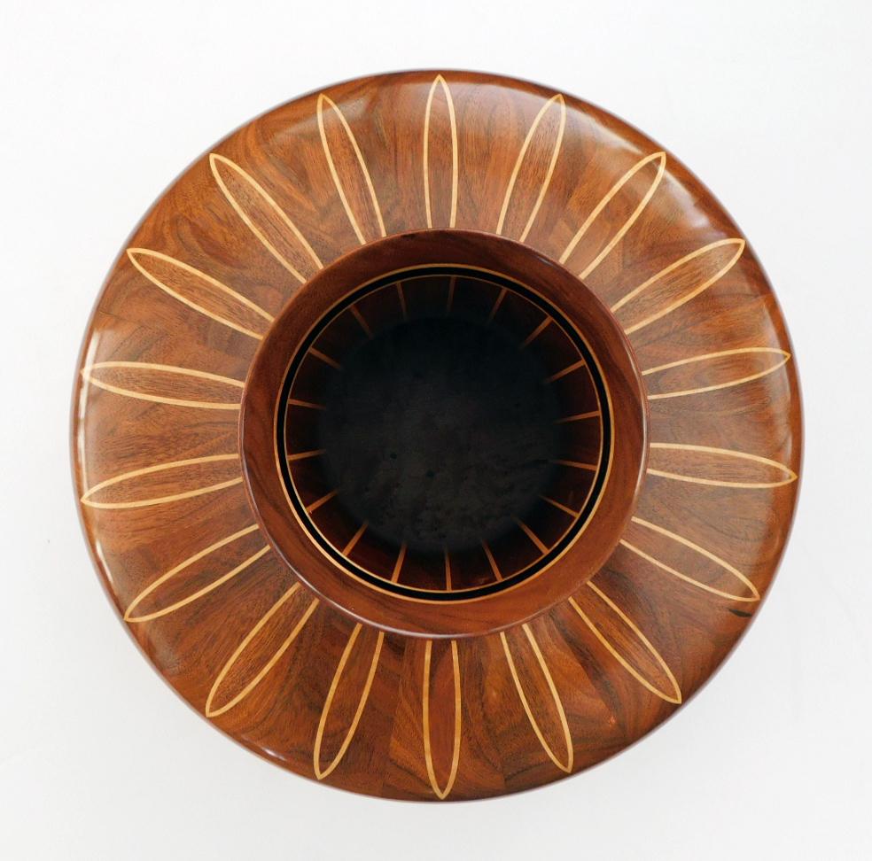 Well-Crafted 1960's Folk Art Mixed-Wood Inlaid Vessel In Good Condition For Sale In San Francisco, CA