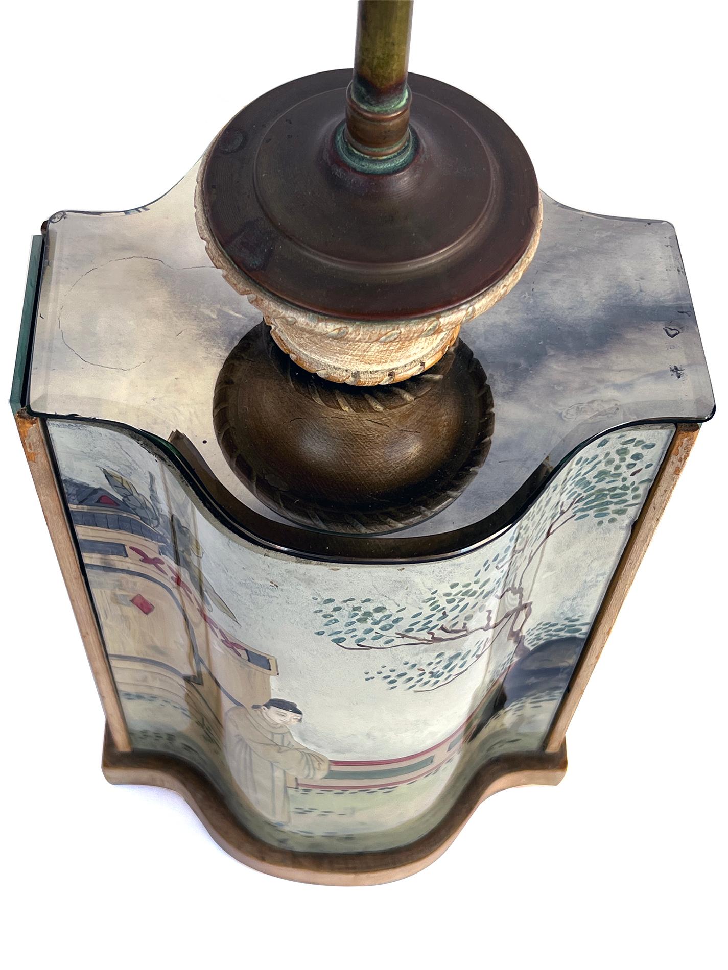 Chinoiserie A Well-crafted French Reverse-painted and Mirrored Arbalete-form Lamp For Sale
