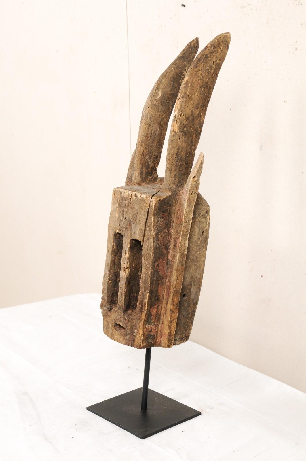 Hand-Carved A West African Dogon Tribe Antelope Ceremonial Dance Mask on Custom Iron Stand