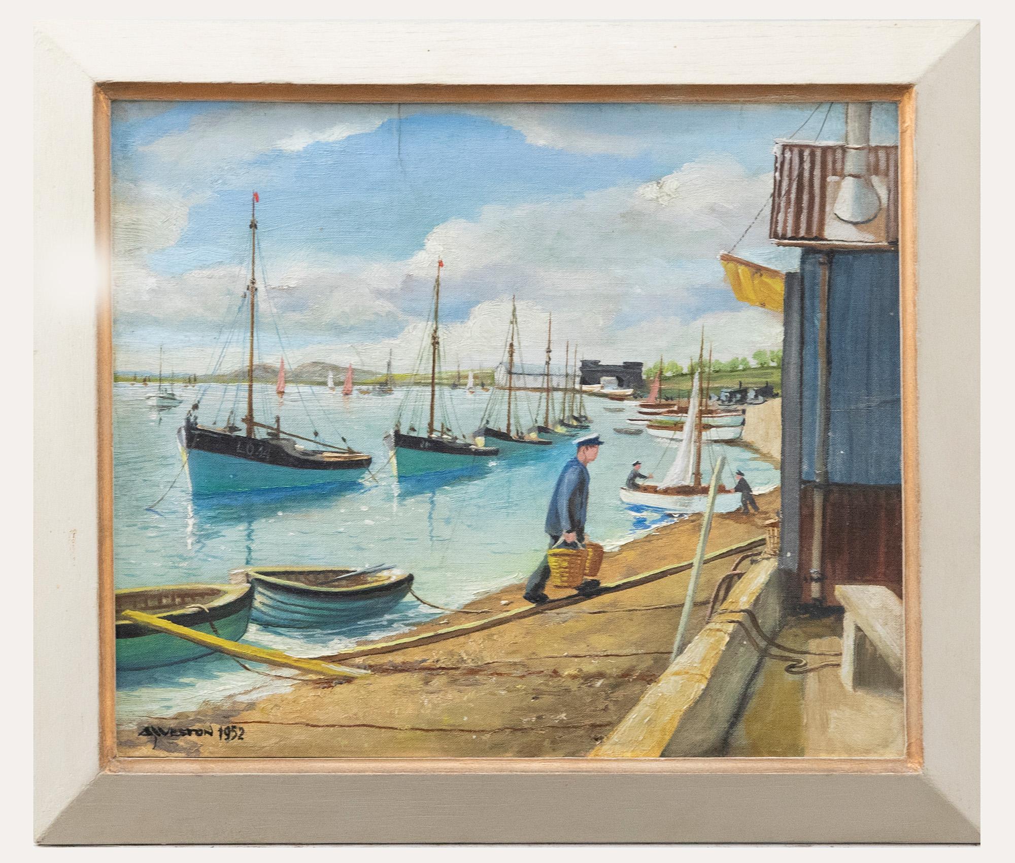 Eine wunderschöne Küstenansicht des Creek bei Leigh mit Fischern im Vordergrund, die Herzmuscheln an Land bringen. Die Komposition ist links unten signiert und datiert (1952). Gut präsentiert in einem einfachen Holzrahmen mit dem Titel des
