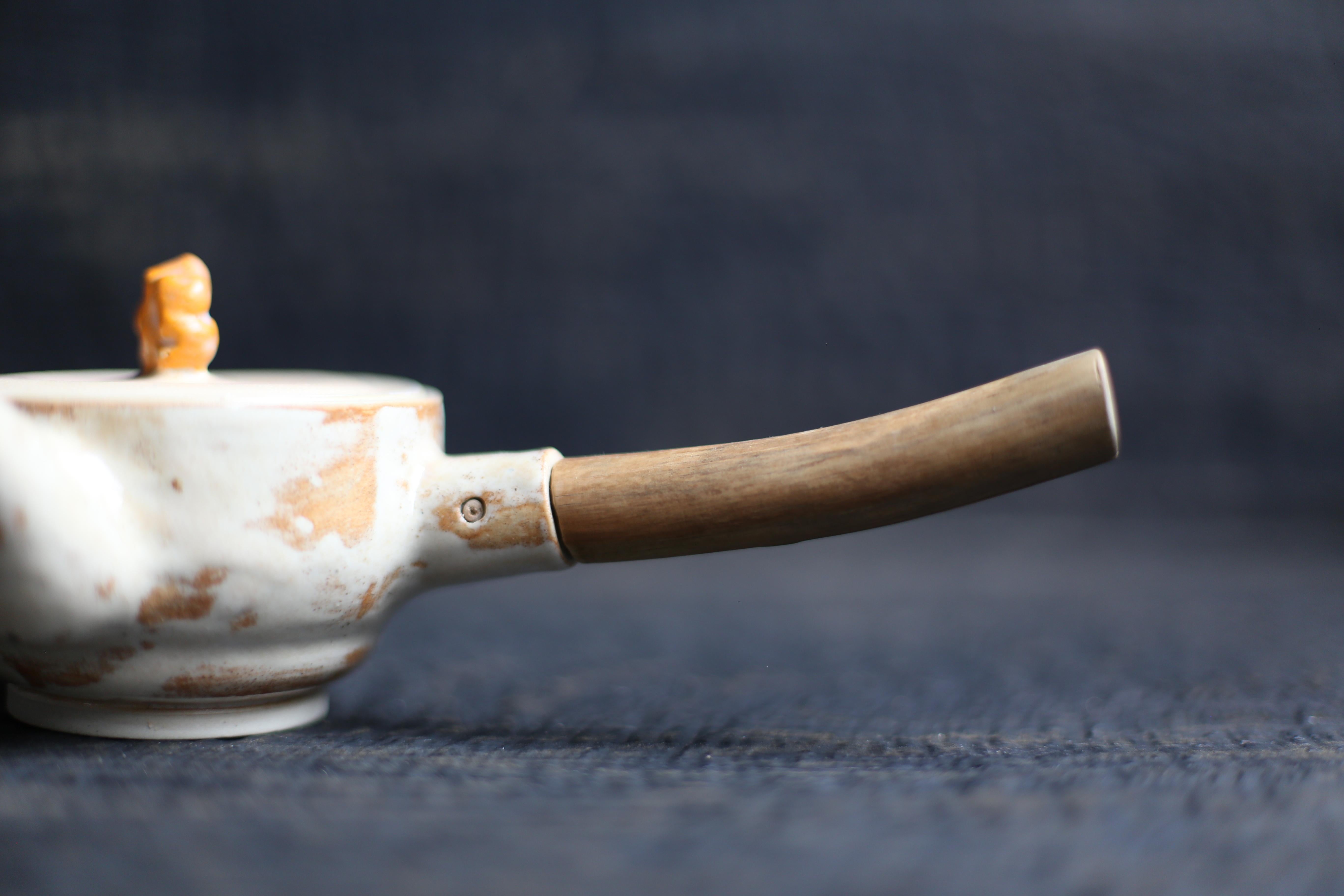 Modern Wheel Thrown Teapot with a Branch Handle 'Joinery' in White Clay with Cream For Sale