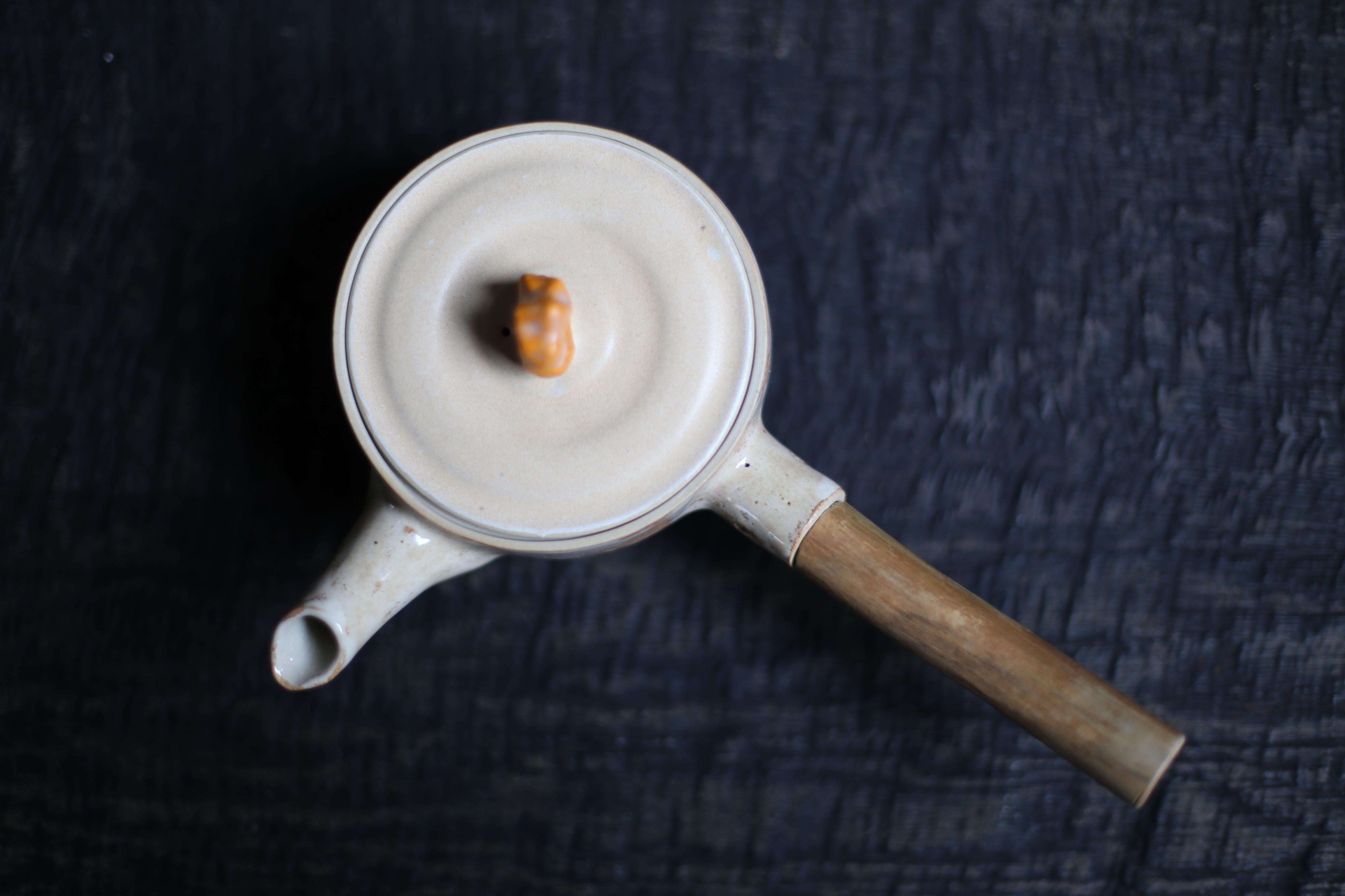 Hand-Crafted Wheel Thrown Teapot with a Branch Handle 'Joinery' in White Clay with Cream For Sale