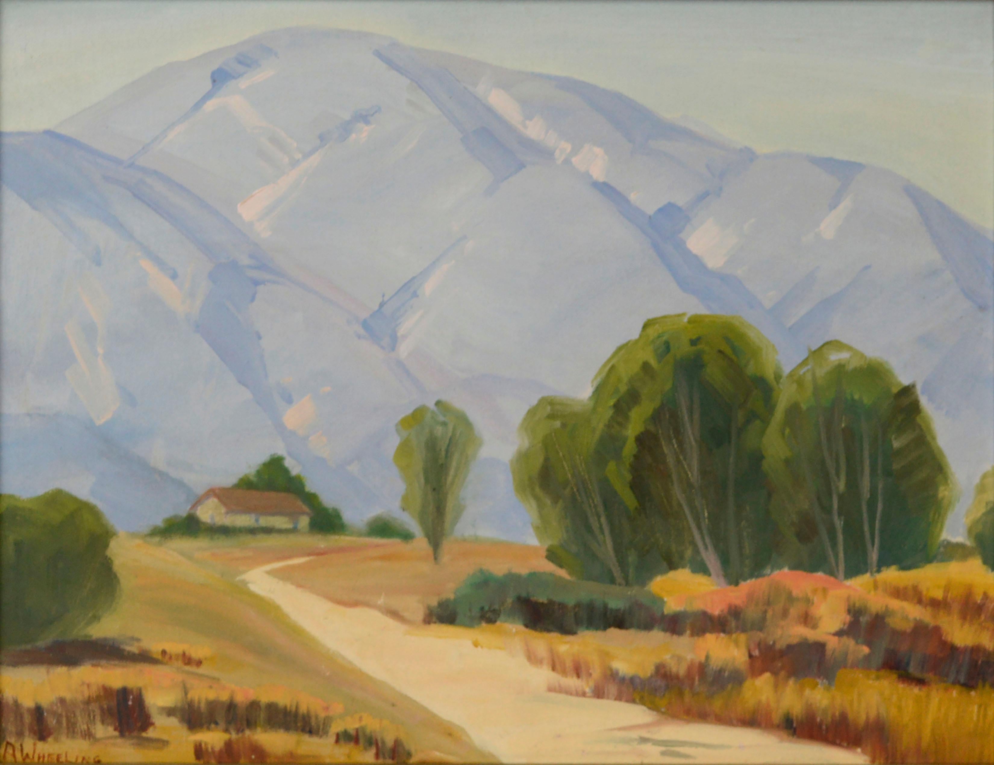House in the Valley, Mid Century San Gabriel Mountains California Landscape  - Painting by A. Wheeling
