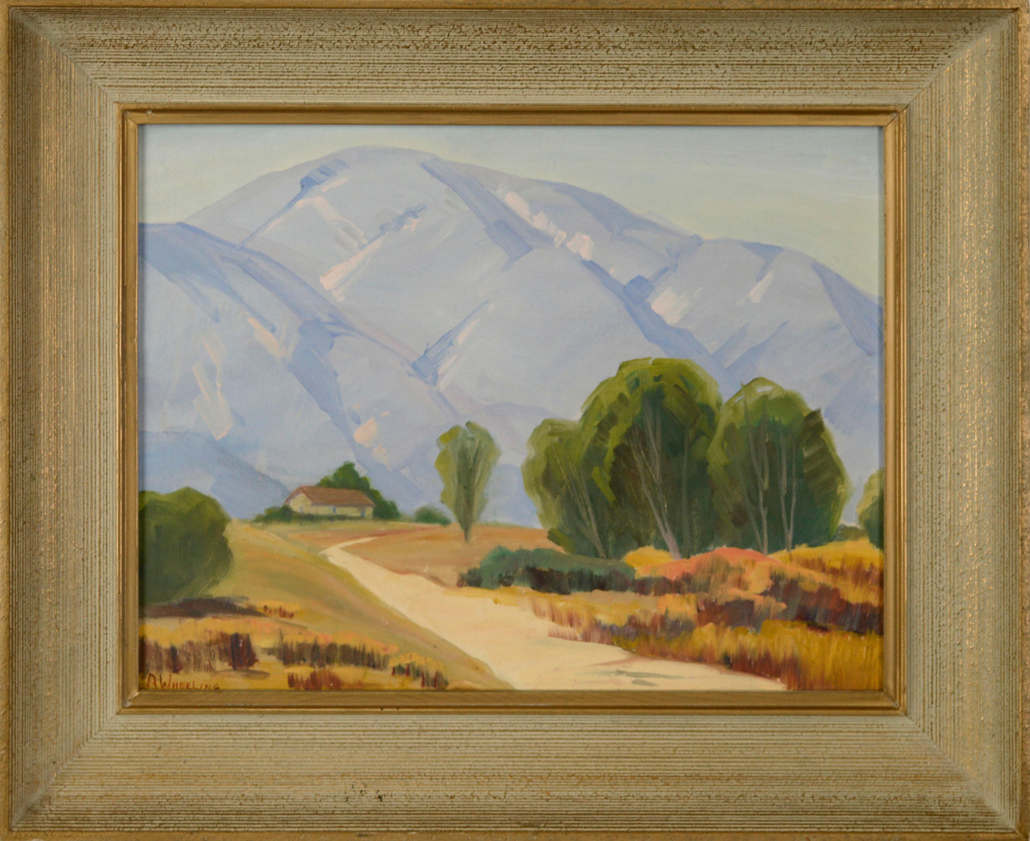 A. Wheeling Landscape Painting - House in the Valley, Mid Century San Gabriel Mountains California Landscape 