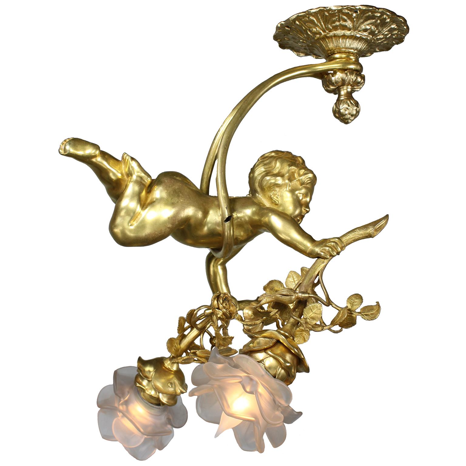 Whimsical French 19th/20th Century Gilt-Bronze Belle Époque Putto Chandelier In Good Condition For Sale In Los Angeles, CA