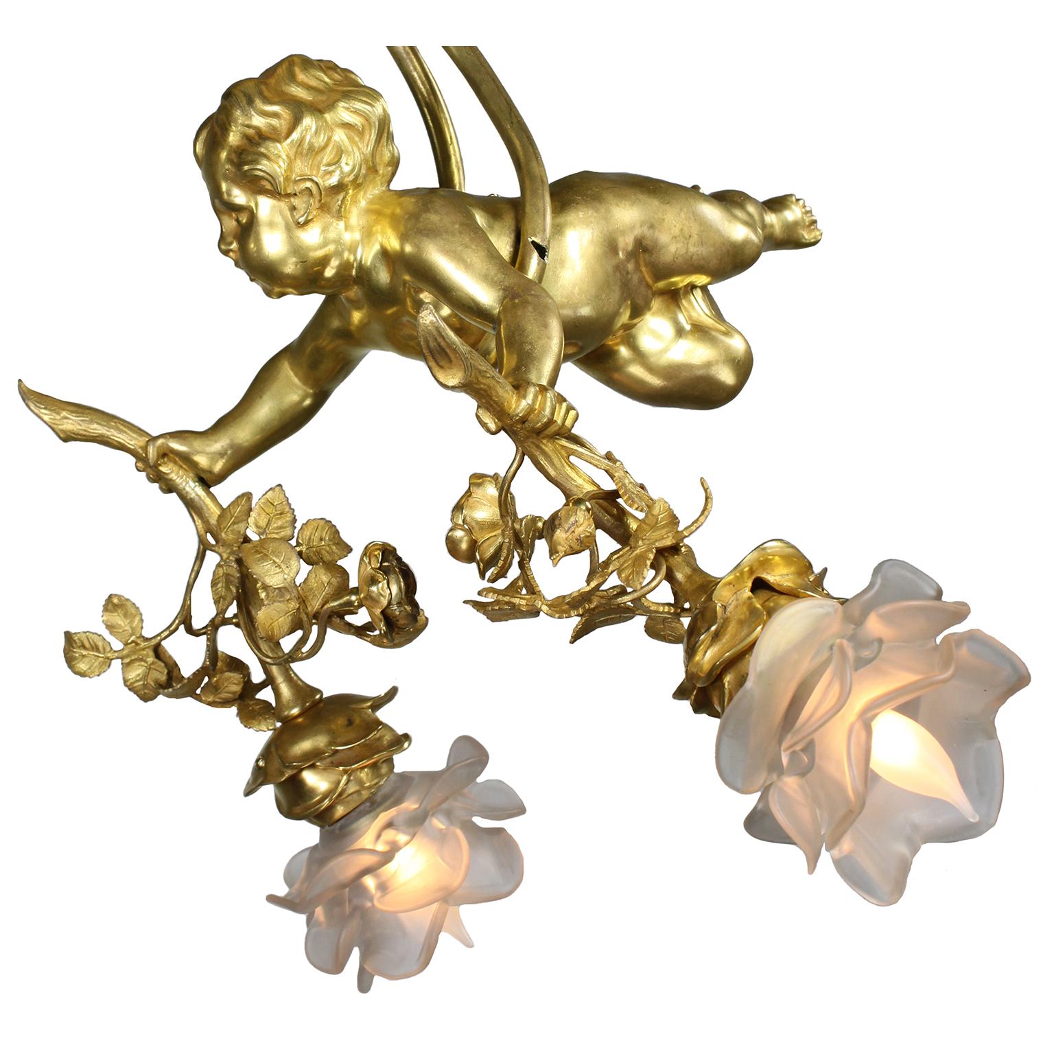 Blown Glass Whimsical French 19th/20th Century Gilt-Bronze Belle Époque Putto Chandelier For Sale