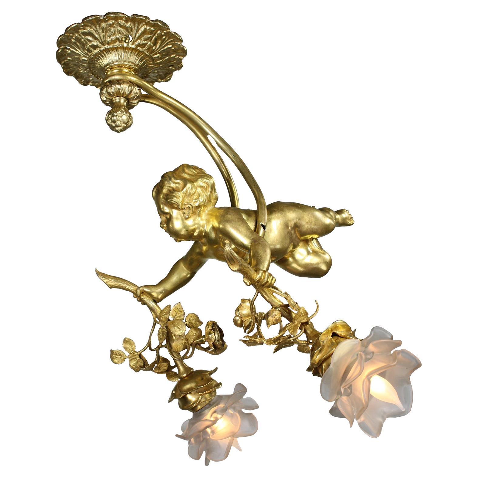 Whimsical French 19th/20th Century Gilt-Bronze Belle Époque Putto Chandelier For Sale