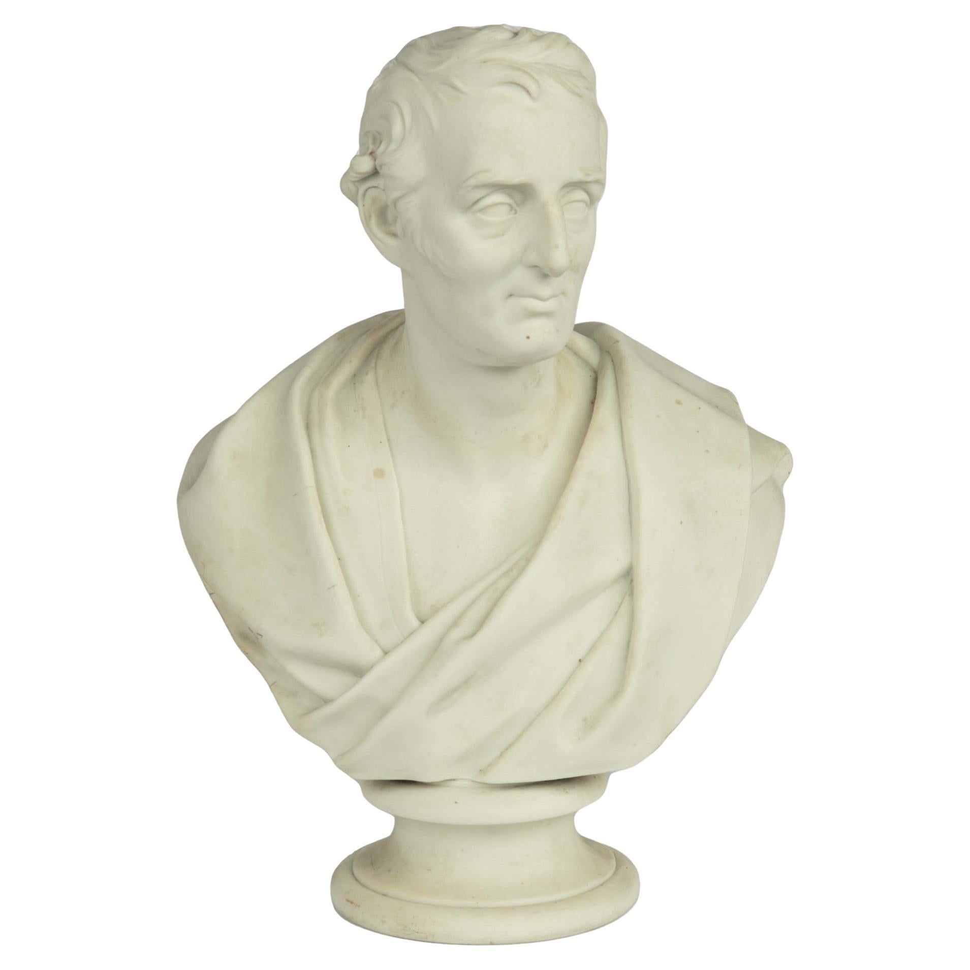 A white Parianware bust of the Duke of Wellington by E W Wyon