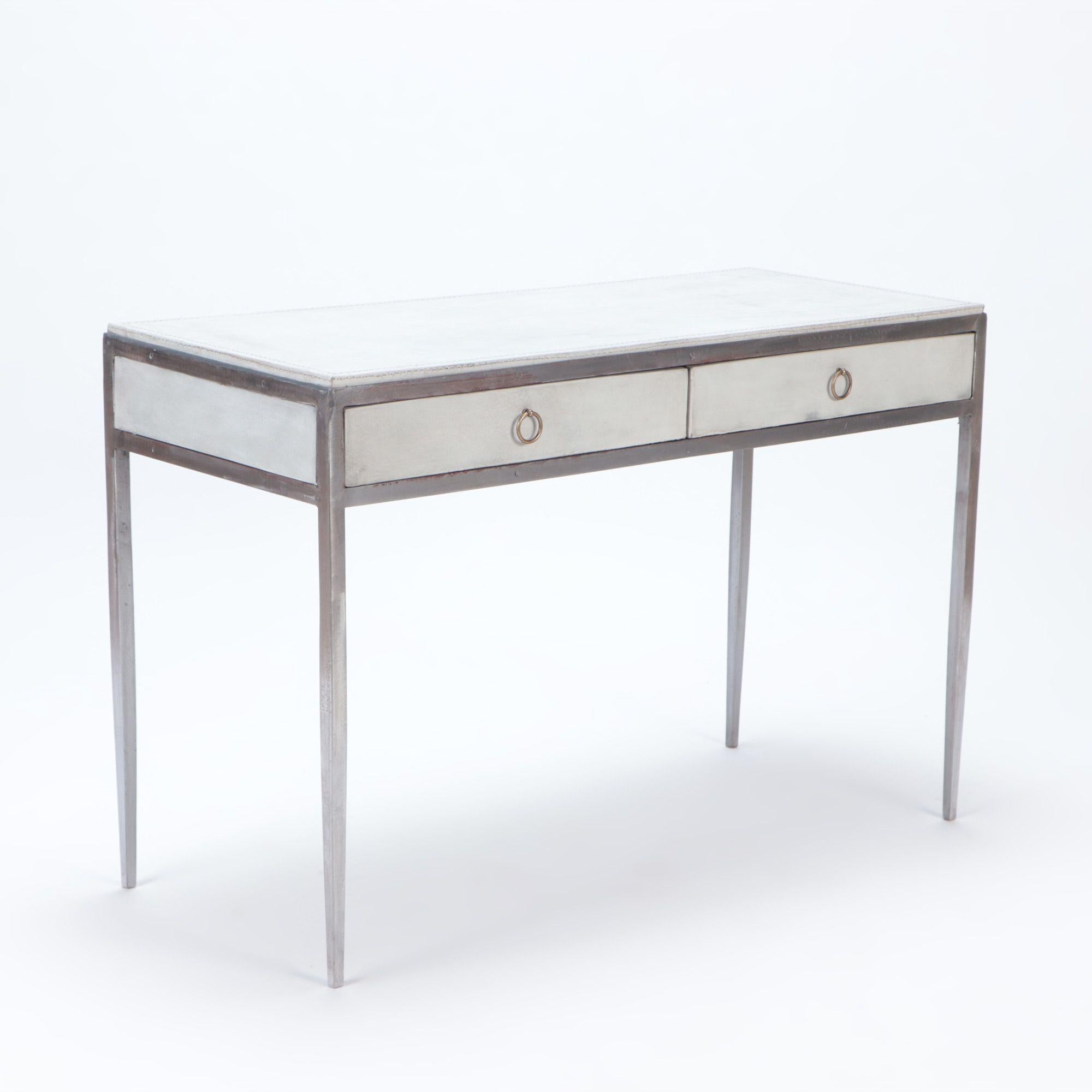 Mid-Century Modern White Leather and Polished Iron Writing Desk, Contemporary For Sale