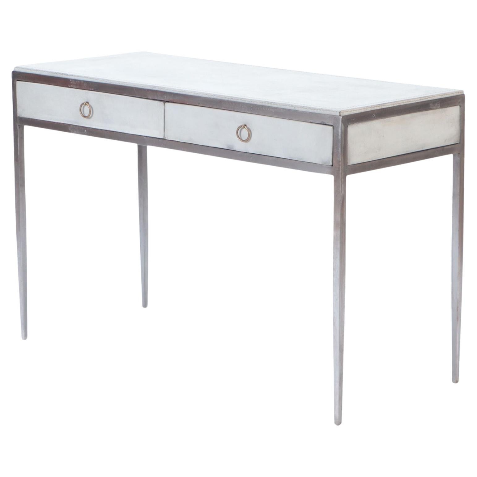 White Leather and Polished Iron Writing Desk, Contemporary