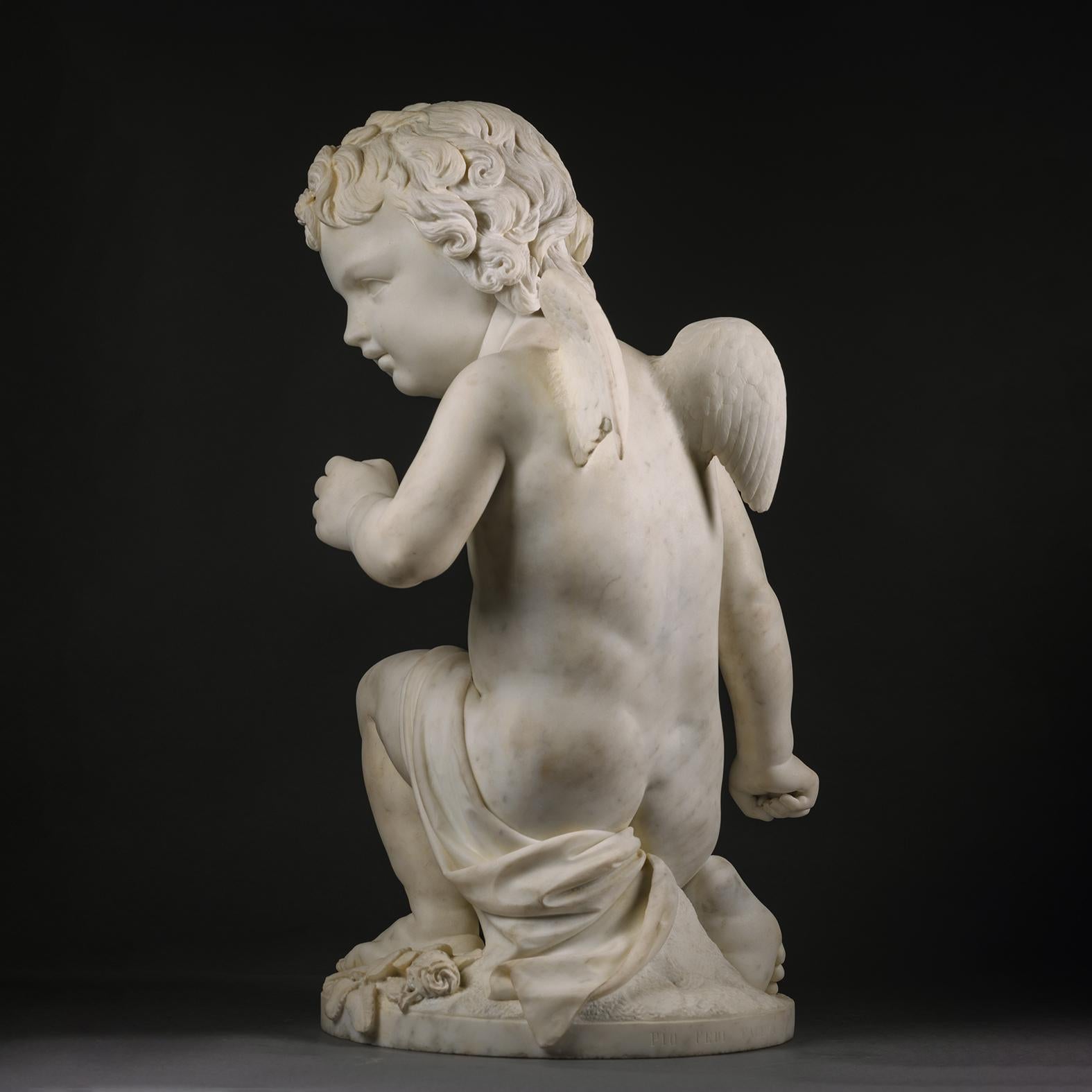Italian A White Marble Figure of a Kneeling Cherub, By Pio Fedi For Sale