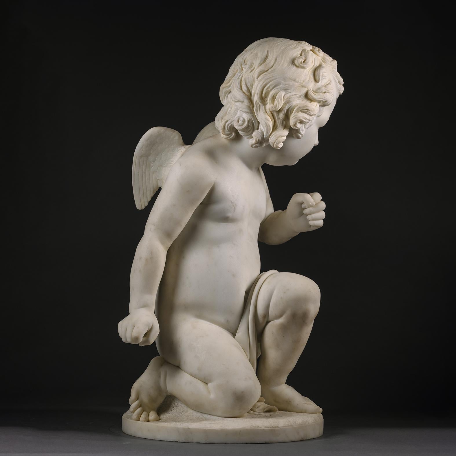 Carved A White Marble Figure of a Kneeling Cherub, By Pio Fedi For Sale