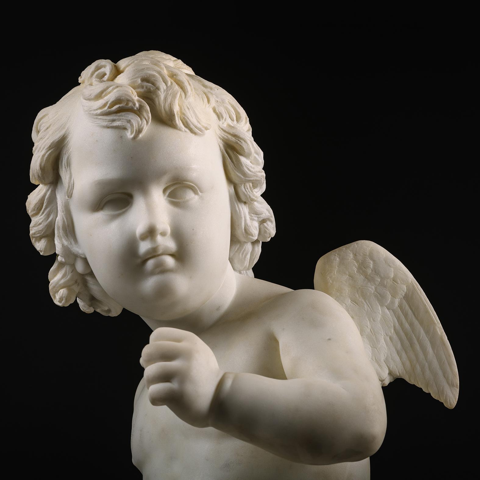 A White Marble Figure of a Kneeling Cherub, By Pio Fedi In Good Condition For Sale In Brighton, West Sussex
