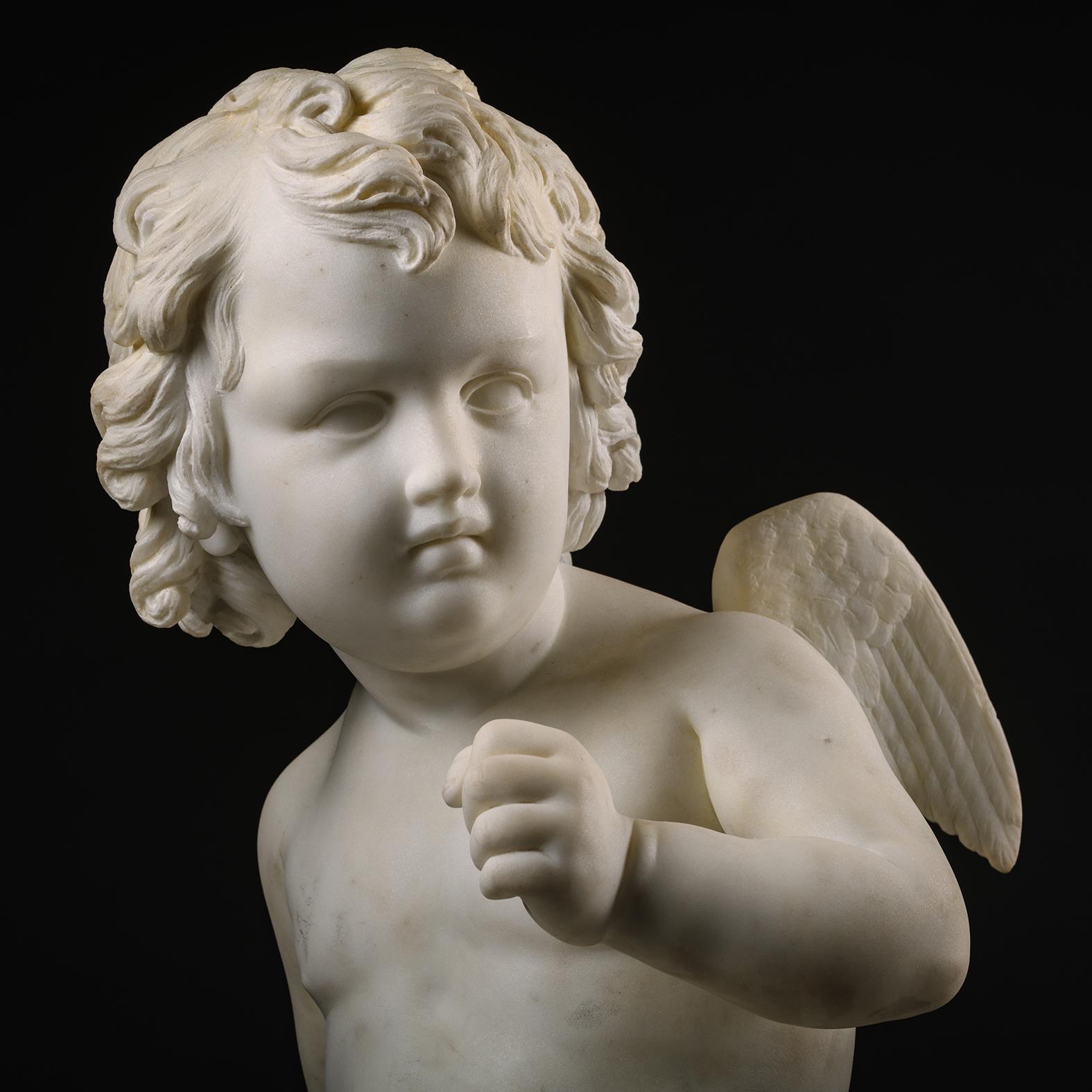 19th Century A White Marble Figure of a Kneeling Cherub, By Pio Fedi For Sale